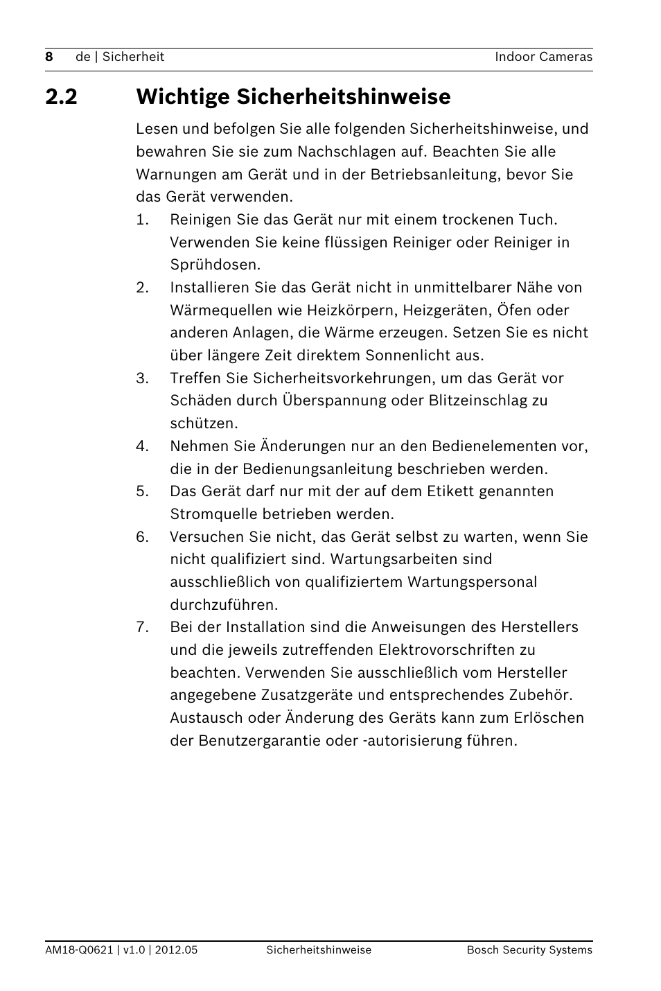 2 wichtige sicherheitshinweise | Bosch WZ18 Integrated IR Bullet Camera User Manual | Page 8 / 48
