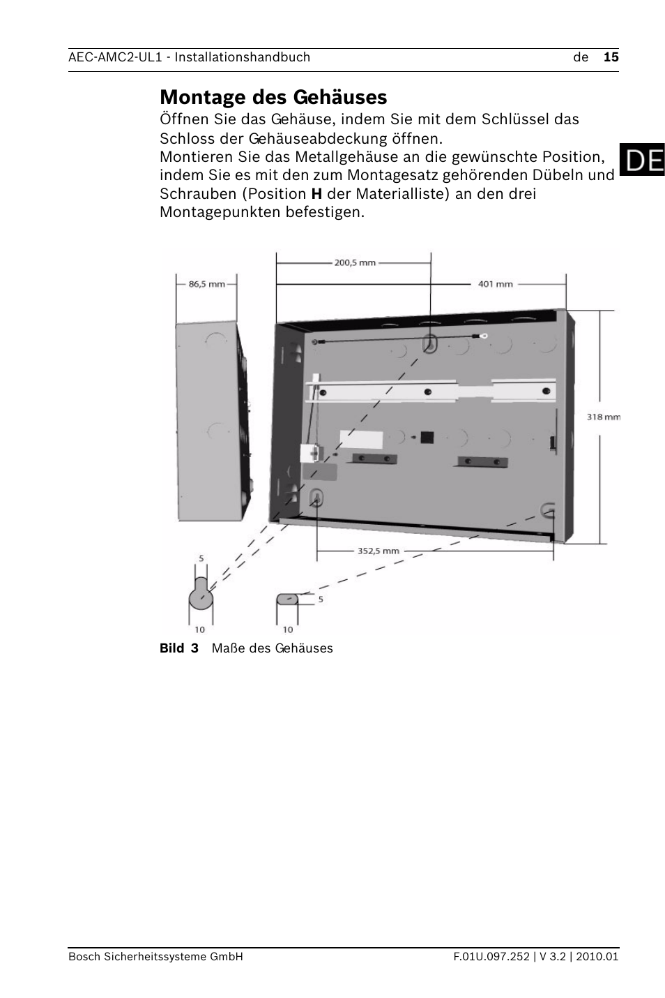 Montage des gehäuses | Bosch AMC2 ENC-UL1 - Enclosure - Small User Manual | Page 15 / 88