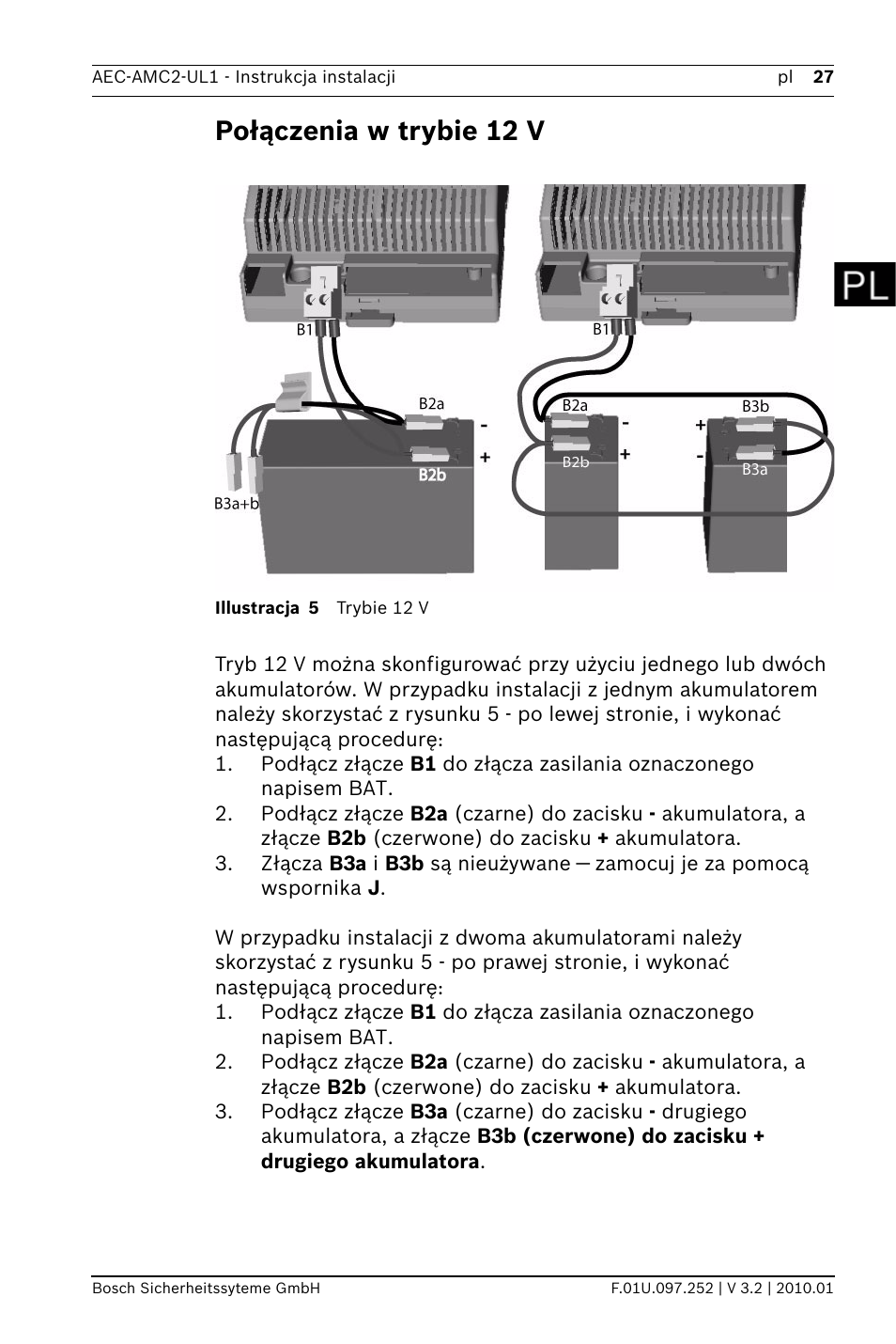 Połączenia w trybie 12 v | Bosch AMC2 ENC-UL1 - Enclosure - Small User Manual | Page 27 / 88