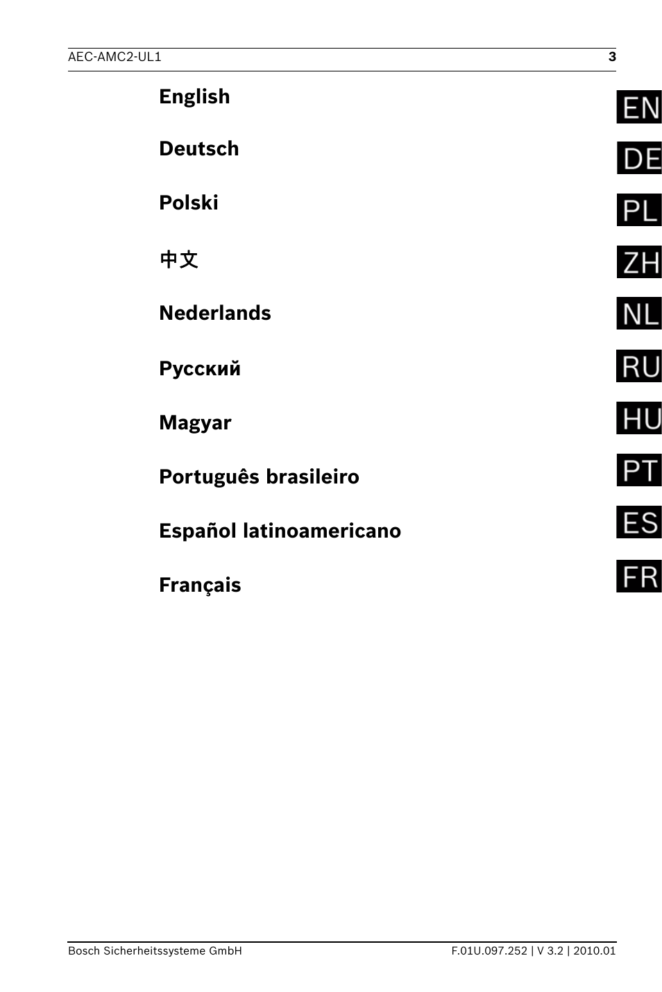 English, Deutsch, Polski | Nederlands, Русский, Magyar, Português brasileiro, Español latinoamericano, Français | Bosch AMC2 ENC-UL1 - Enclosure - Small User Manual | Page 3 / 88