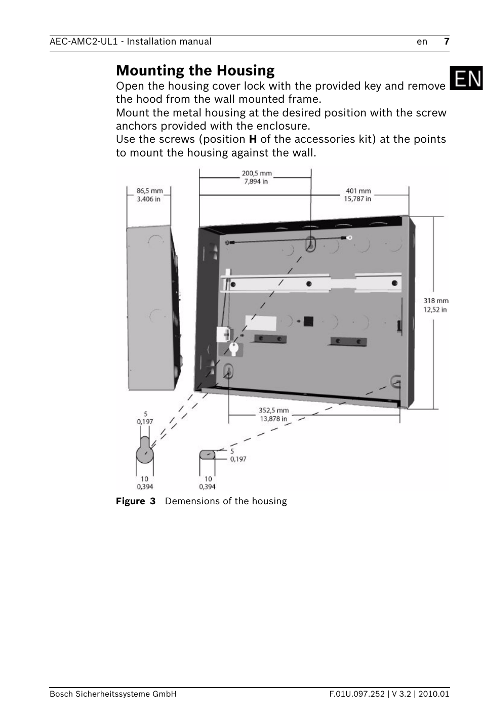 Mounting the housing | Bosch AMC2 ENC-UL1 - Enclosure - Small User Manual | Page 7 / 88