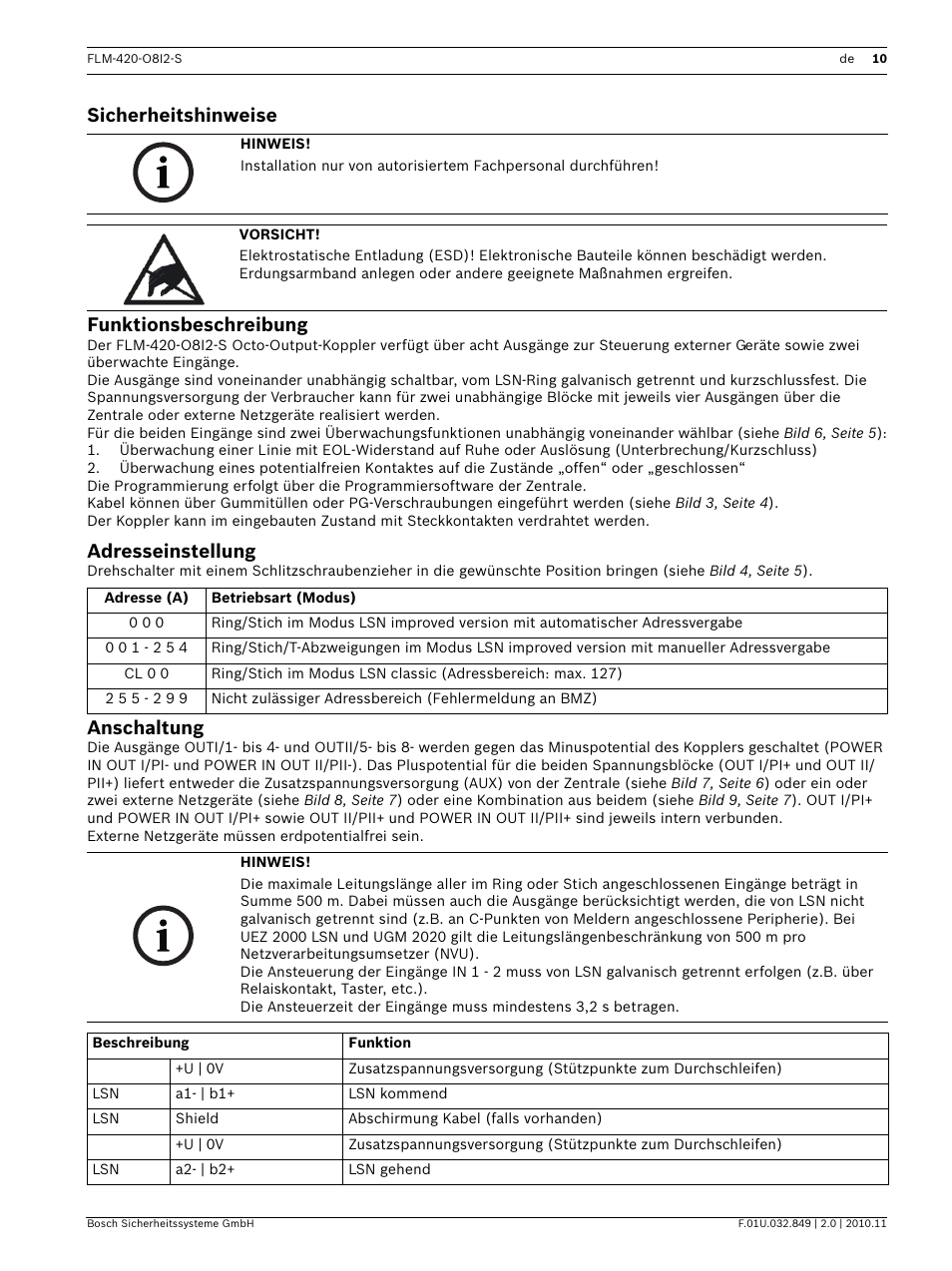 Sicherheitshinweise, Funktionsbeschreibung, Adresseinstellung | Anschaltung, Onsanleitung, Sicherheitshinweise funktionsbeschreibung | Bosch FLM-420-O8I2-S Octo-output Interface Module with 2 Inputs User Manual | Page 10 / 40