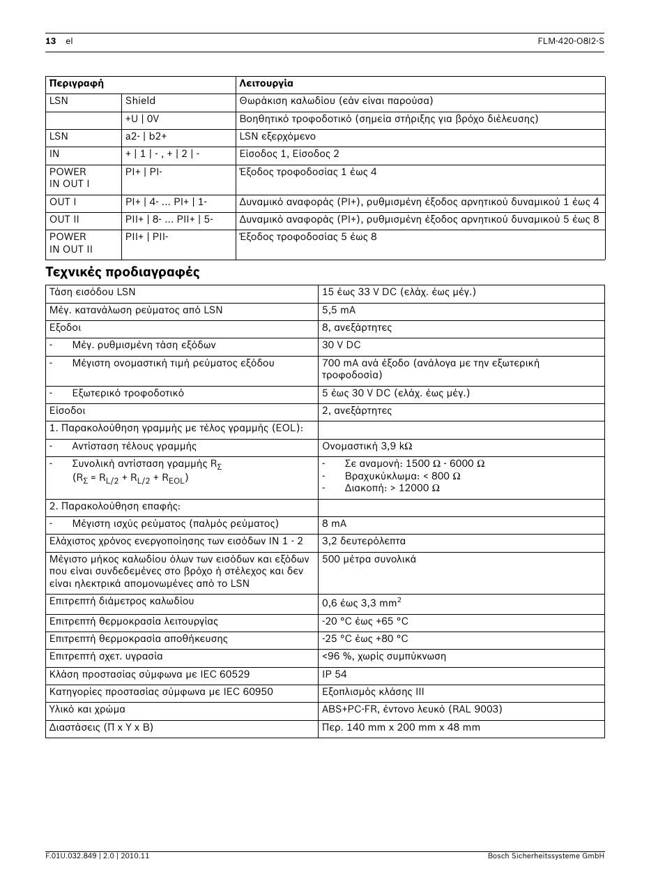 Τεχνικές προδιαγραφές | Bosch FLM-420-O8I2-S Octo-output Interface Module with 2 Inputs User Manual | Page 13 / 40