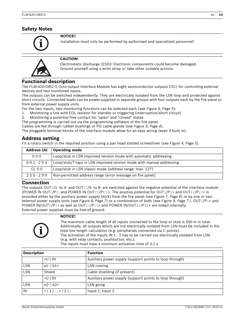 Safety notes, Functional description, Address setting | Connection | Bosch FLM-420-O8I2-S Octo-output Interface Module with 2 Inputs User Manual | Page 14 / 40