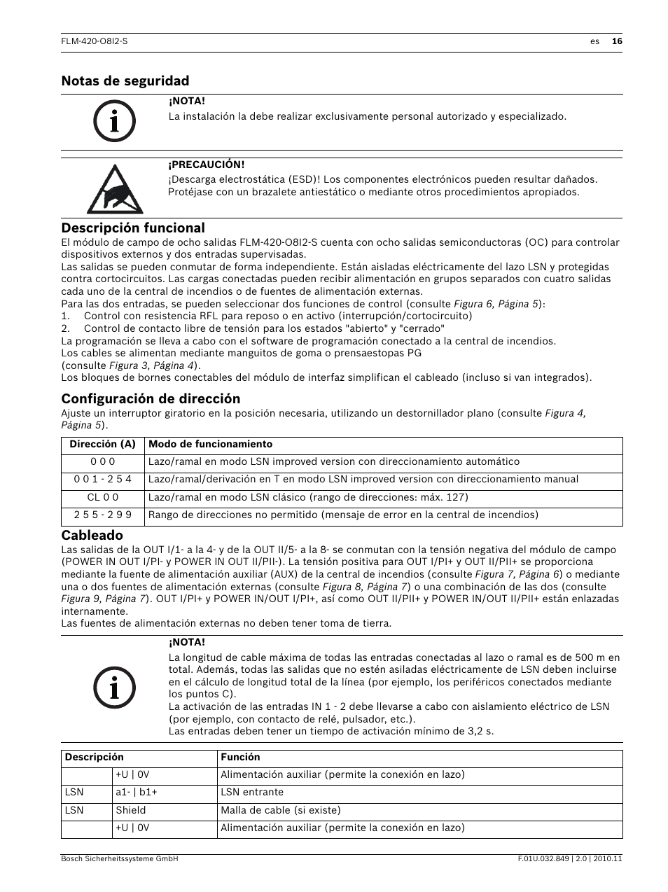 Notas de seguridad, Descripción funcional, Configuración de dirección | Cableado, Notas de seguridad descripción funcional | Bosch FLM-420-O8I2-S Octo-output Interface Module with 2 Inputs User Manual | Page 16 / 40