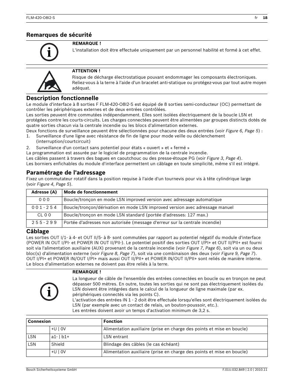 Remarques de sécurité, Description fonctionnelle, Paramétrage de l'adressage | Câblage, Remarques de sécurité description fonctionnelle | Bosch FLM-420-O8I2-S Octo-output Interface Module with 2 Inputs User Manual | Page 18 / 40