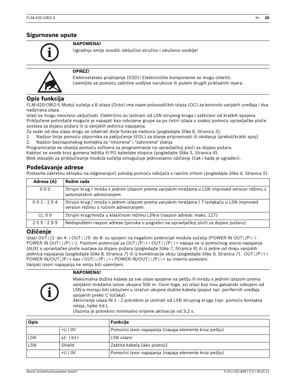 Sigurnosne upute, Opis funkcija, Podešavanje adrese | Ožičenje, Sigurnosne upute opis funkcija | Bosch FLM-420-O8I2-S Octo-output Interface Module with 2 Inputs User Manual | Page 20 / 40