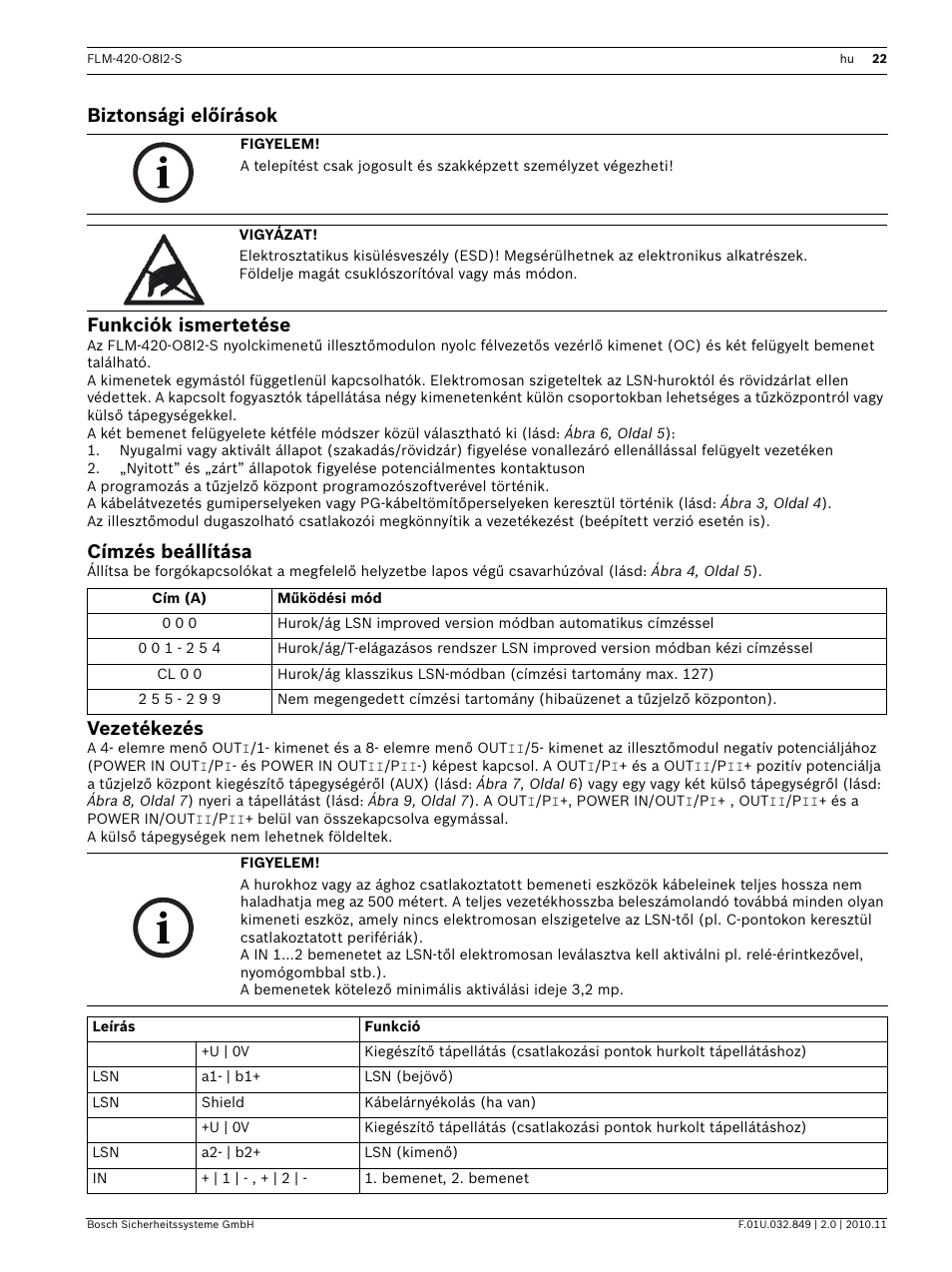 Biztonsági előírások, Funkciók ismertetése, Címzés beállítása | Vezetékezés, Telepítési útmutató, Biztonsági előírások funkciók ismertetése | Bosch FLM-420-O8I2-S Octo-output Interface Module with 2 Inputs User Manual | Page 22 / 40