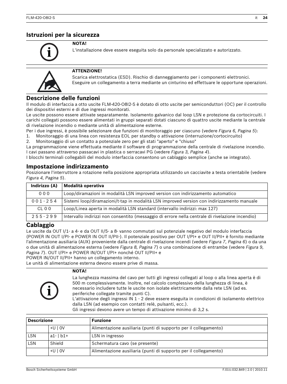 Istruzioni per la sicurezza, Descrizione delle funzioni, Impostazione indirizzamento | Cablaggio, Installazione | Bosch FLM-420-O8I2-S Octo-output Interface Module with 2 Inputs User Manual | Page 24 / 40