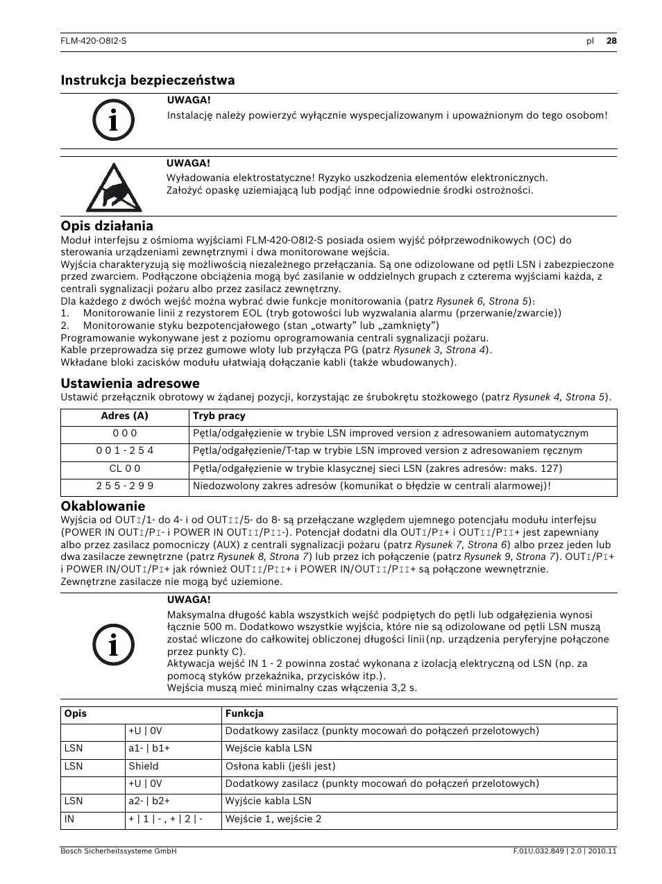 Instrukcja bezpieczeństwa, Opis działania, Ustawienia adresowe | Okablowanie, Instrukcja bezpieczeństwa opis działania | Bosch FLM-420-O8I2-S Octo-output Interface Module with 2 Inputs User Manual | Page 28 / 40