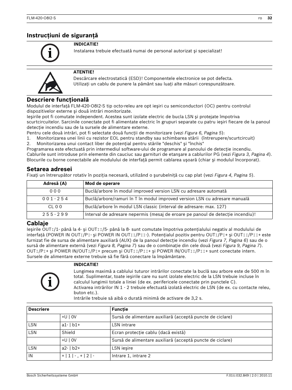 Instrucţiuni de siguranţă, Descriere funcţională, Setarea adresei | Cablaje, Instrucţiuni de siguranţă descriere funcţională | Bosch FLM-420-O8I2-S Octo-output Interface Module with 2 Inputs User Manual | Page 32 / 40