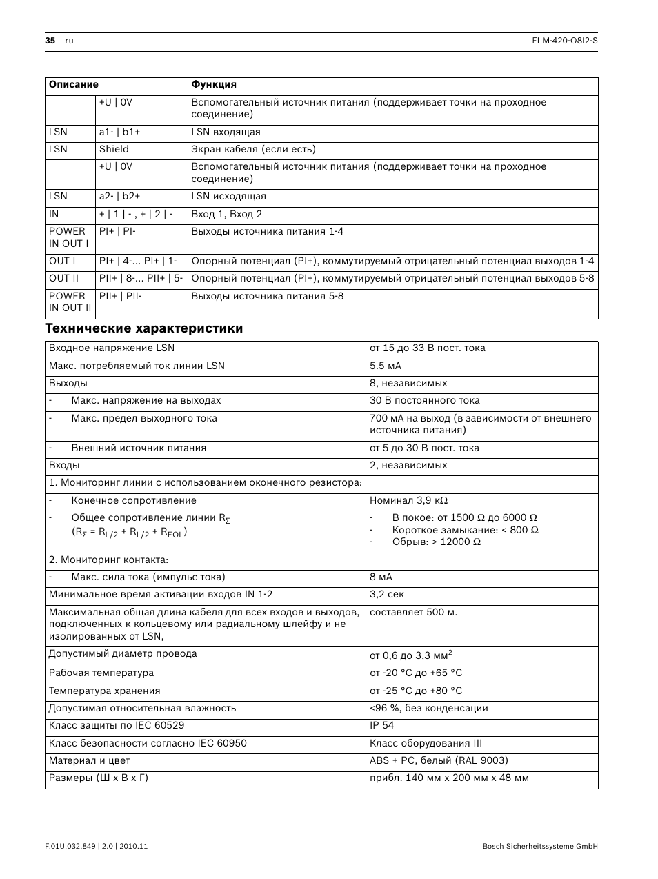 Технические характеристики | Bosch FLM-420-O8I2-S Octo-output Interface Module with 2 Inputs User Manual | Page 35 / 40