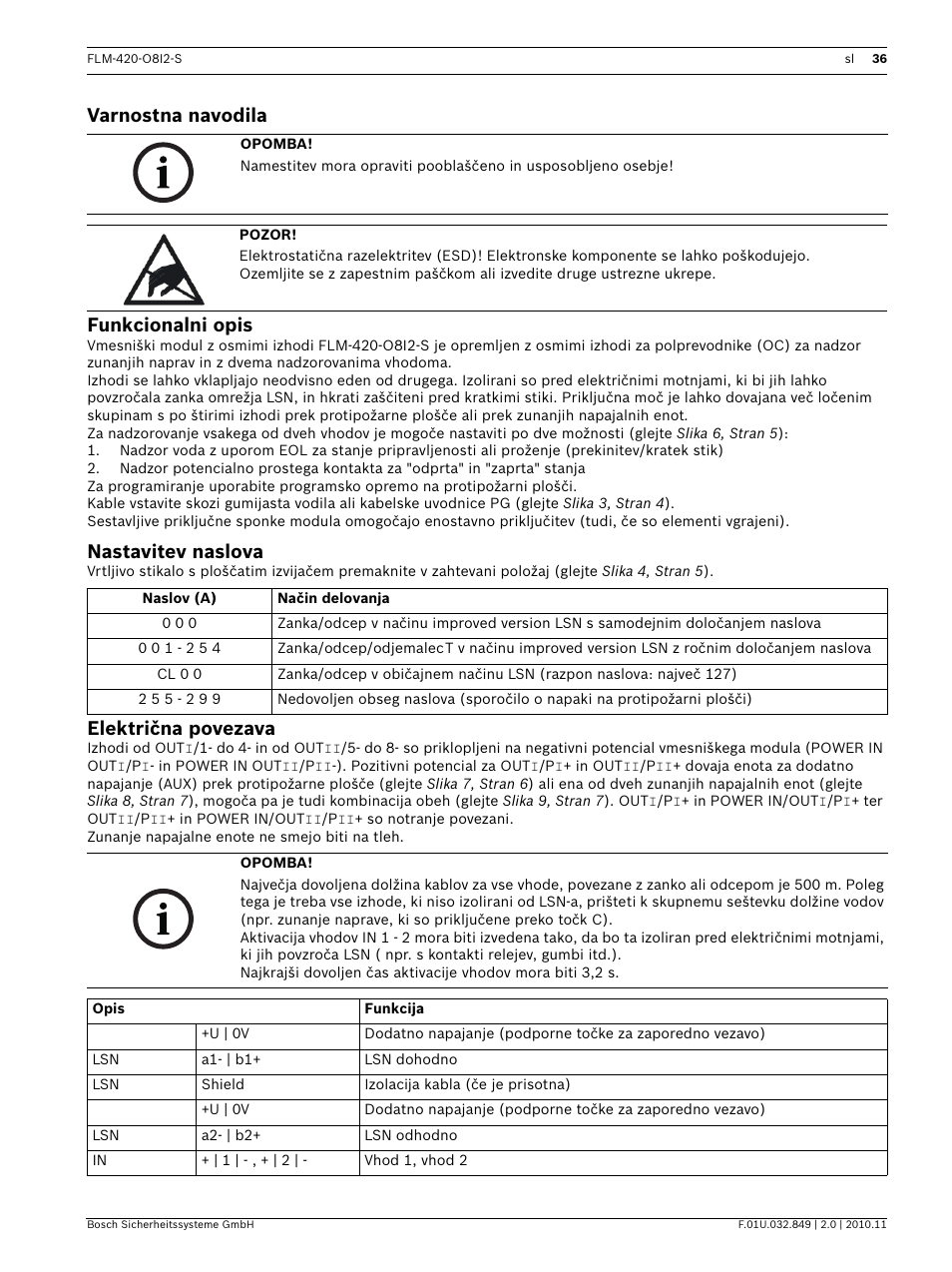 Varnostna navodila, Funkcionalni opis, Nastavitev naslova | Električna povezava, Varnostna navodila funkcionalni opis | Bosch FLM-420-O8I2-S Octo-output Interface Module with 2 Inputs User Manual | Page 36 / 40
