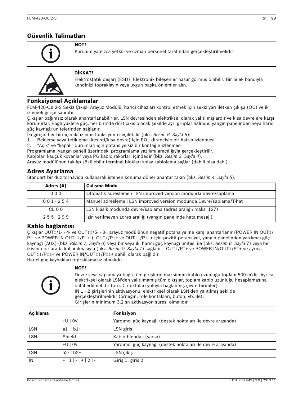 Güvenlik talimatları, Fonksiyonel açıklamalar, Adres ayarlama | Kablo bağlantısı, Güvenlik talimatları fonksiyonel açıklamalar | Bosch FLM-420-O8I2-S Octo-output Interface Module with 2 Inputs User Manual | Page 38 / 40