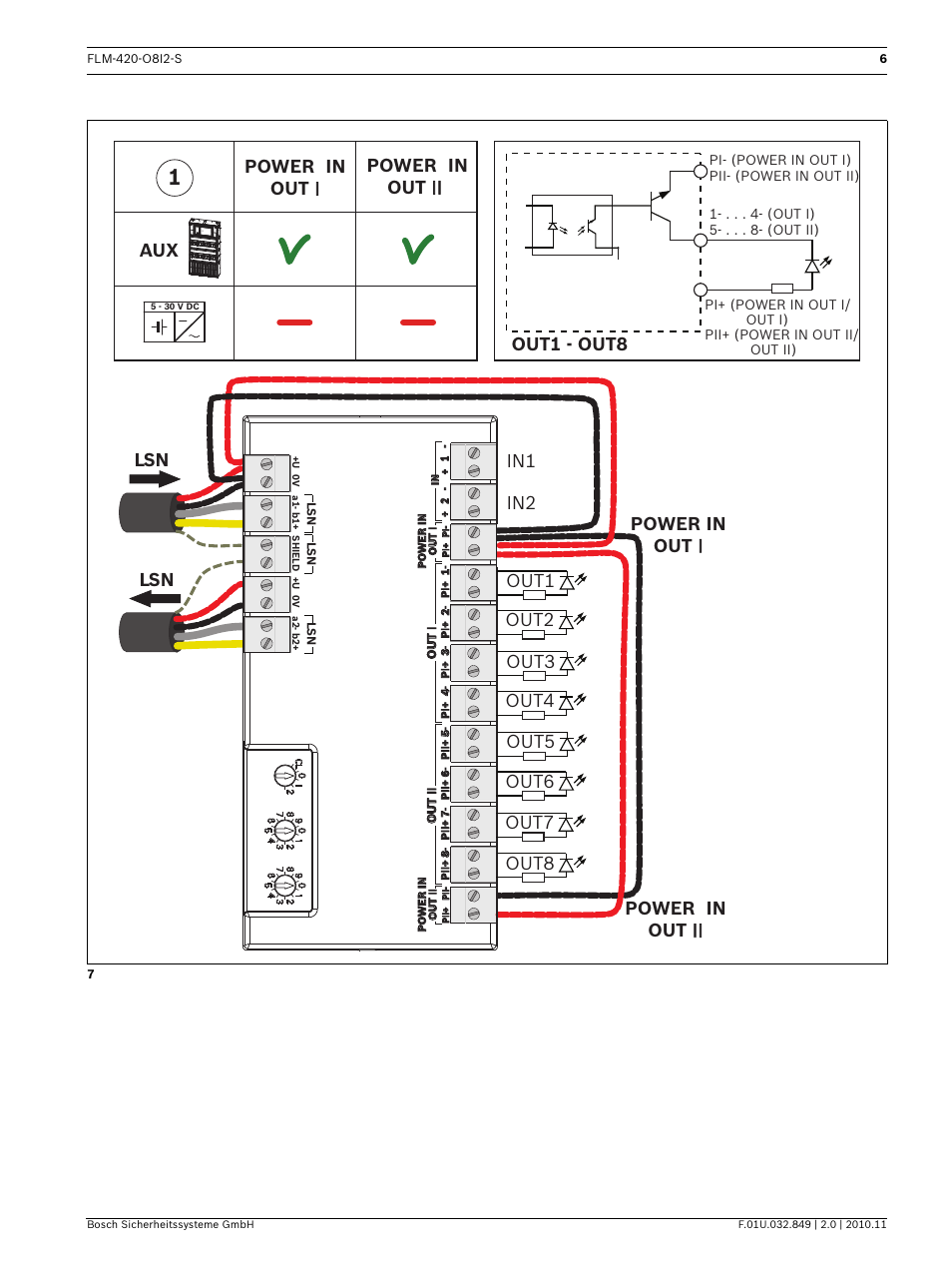 Power in out i, Power in out i power in out ii ii aux, Out1 - out8 | Bosch FLM-420-O8I2-S Octo-output Interface Module with 2 Inputs User Manual | Page 6 / 40