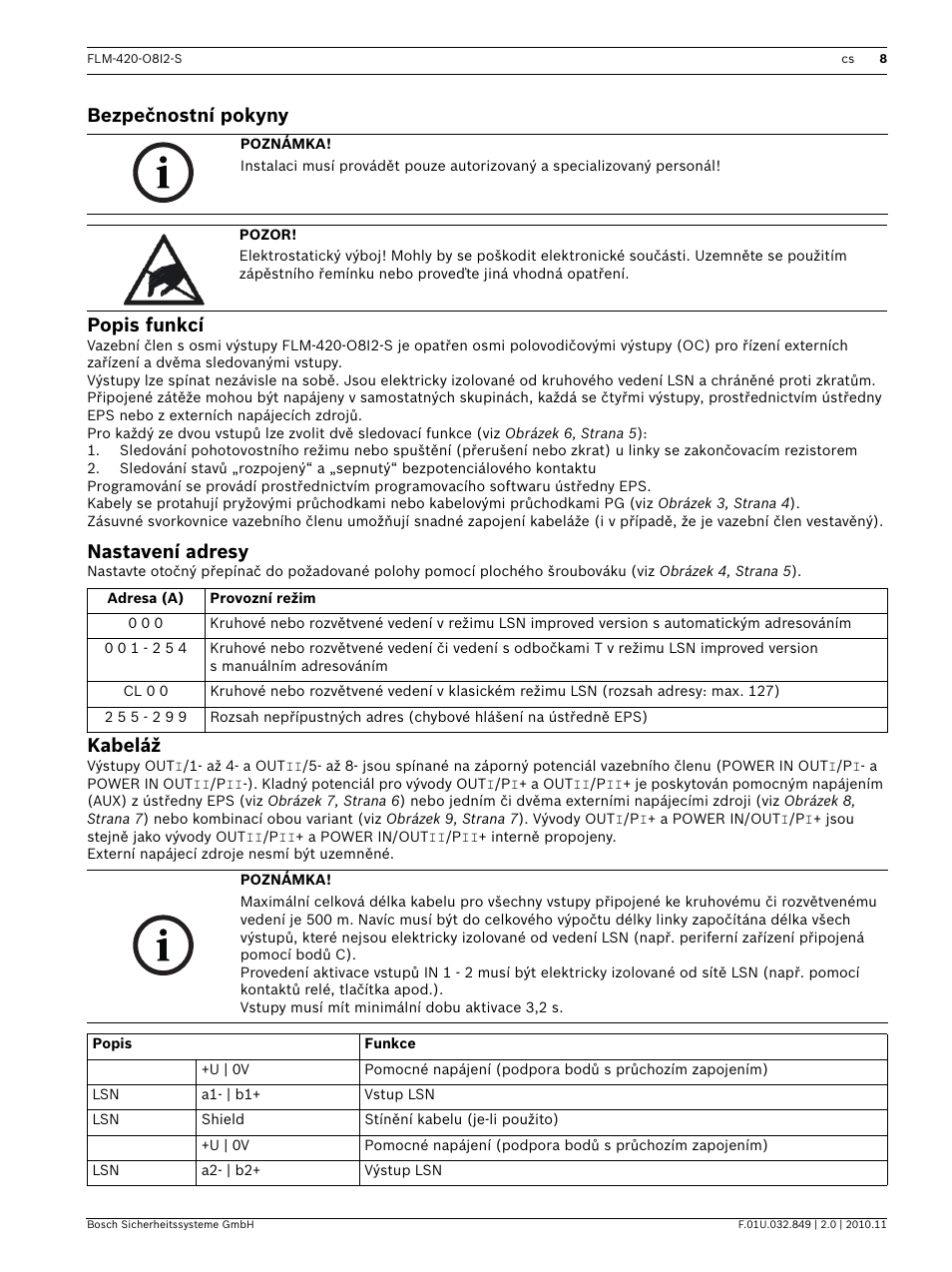 Bezpečnostní pokyny, Popis funkcí, Nastavení adresy | Kabeláž, Bezpečnostní pokyny popis funkcí | Bosch FLM-420-O8I2-S Octo-output Interface Module with 2 Inputs User Manual | Page 8 / 40