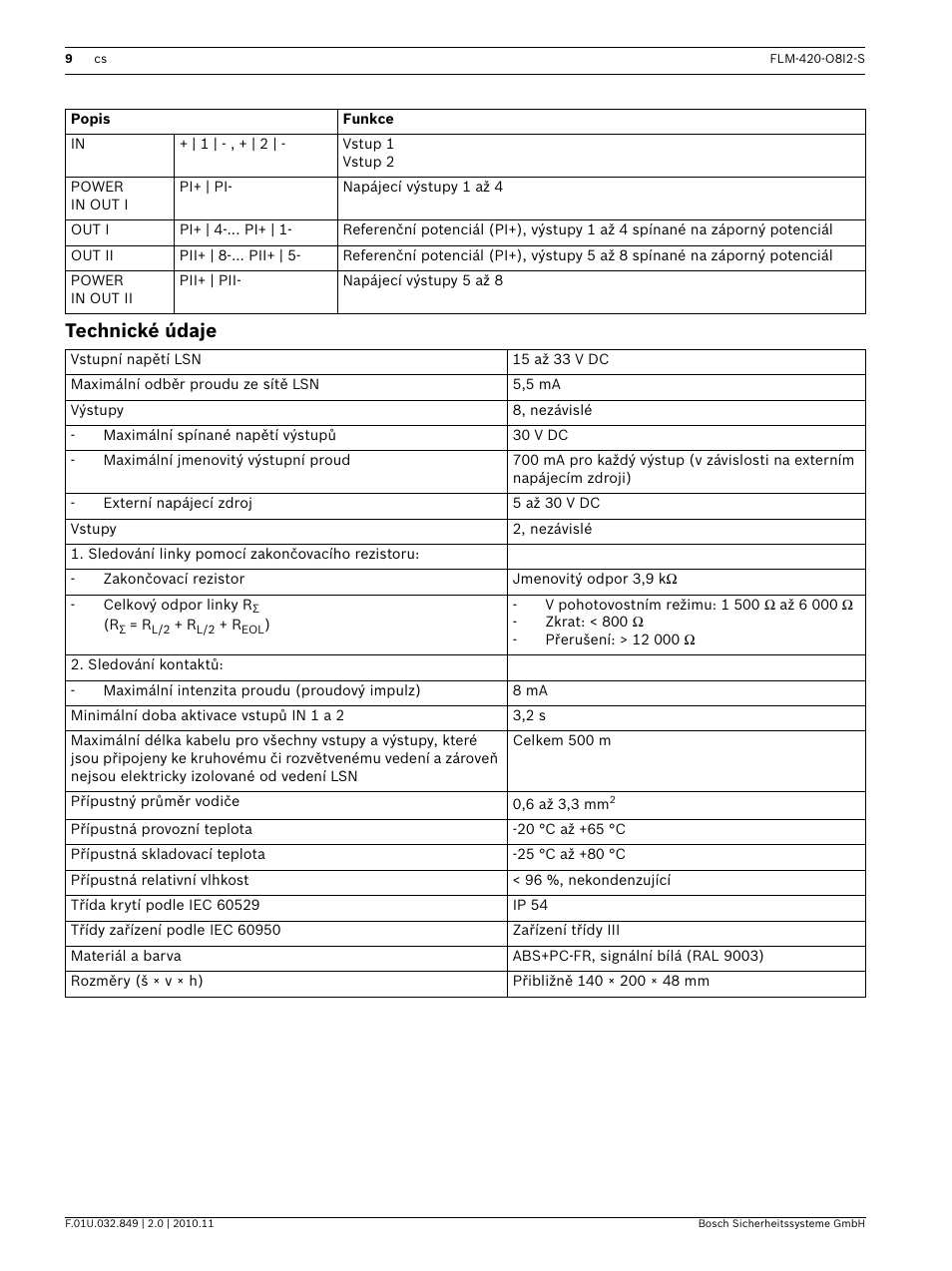 Technické údaje | Bosch FLM-420-O8I2-S Octo-output Interface Module with 2 Inputs User Manual | Page 9 / 40