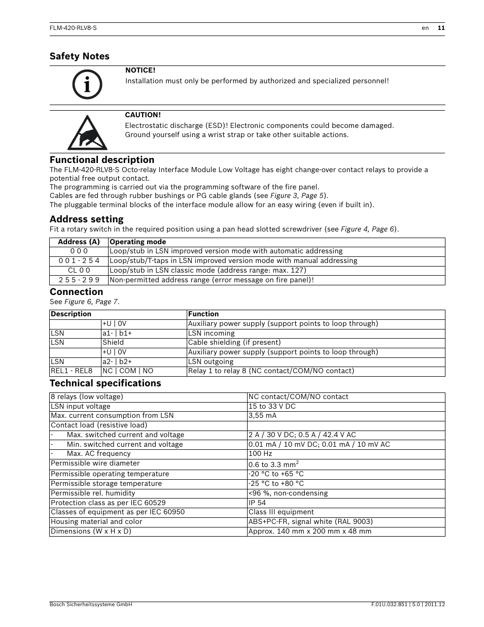 Safety notes, Functional description, Address setting | Connection, Technical specifications, On guide | Bosch FLM-420-RLV8-S Octo-relay Interface Module Low Voltage User Manual | Page 11 / 24