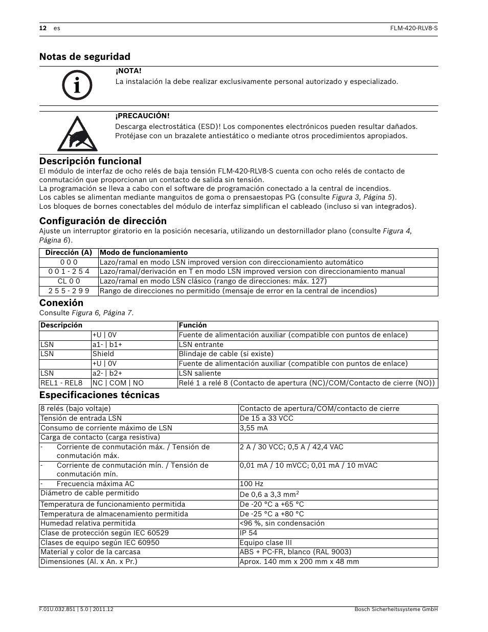 Notas de seguridad, Descripción funcional, Configuración de dirección | Conexión, Especificaciones técnicas, Guía de instalación, Notas de seguridad descripción funcional | Bosch FLM-420-RLV8-S Octo-relay Interface Module Low Voltage User Manual | Page 12 / 24