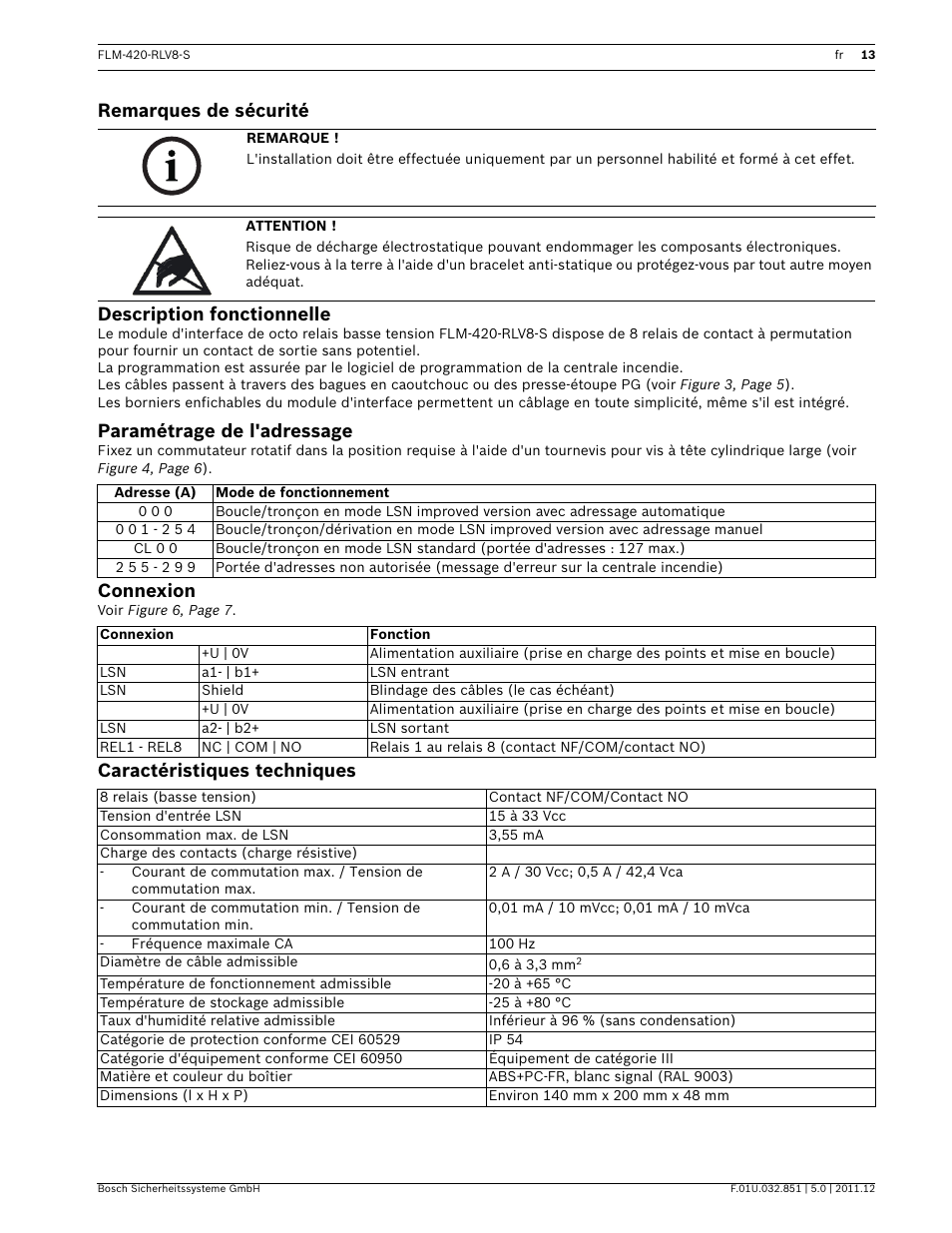 Remarques de sécurité, Description fonctionnelle, Paramétrage de l'adressage | Connexion, Caractéristiques techniques, Stallation, Remarques de sécurité description fonctionnelle | Bosch FLM-420-RLV8-S Octo-relay Interface Module Low Voltage User Manual | Page 13 / 24