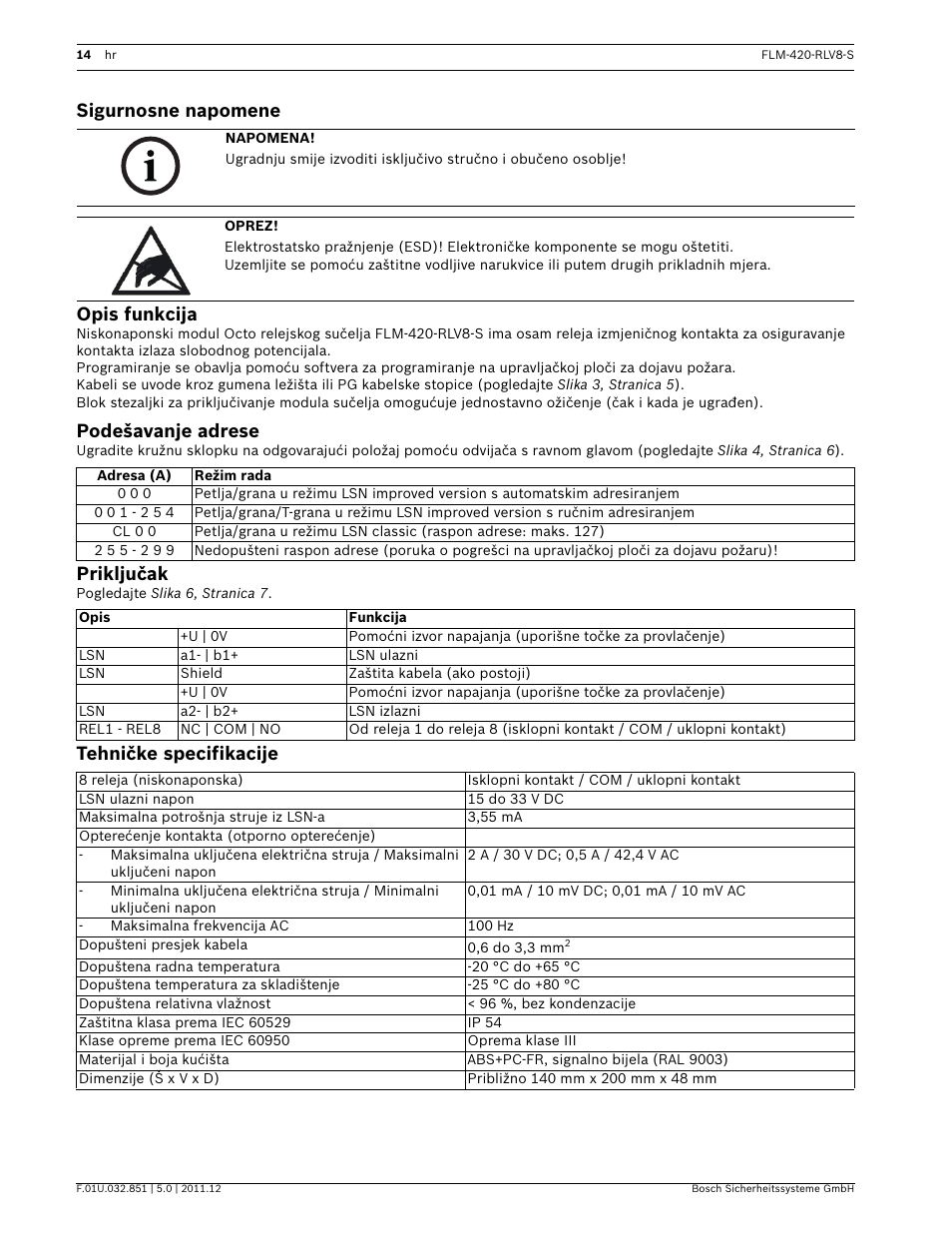 Sigurnosne napomene, Opis funkcija, Podešavanje adrese | Priključak, Tehničke specifikacije, Sigurnosne napomene opis funkcija | Bosch FLM-420-RLV8-S Octo-relay Interface Module Low Voltage User Manual | Page 14 / 24