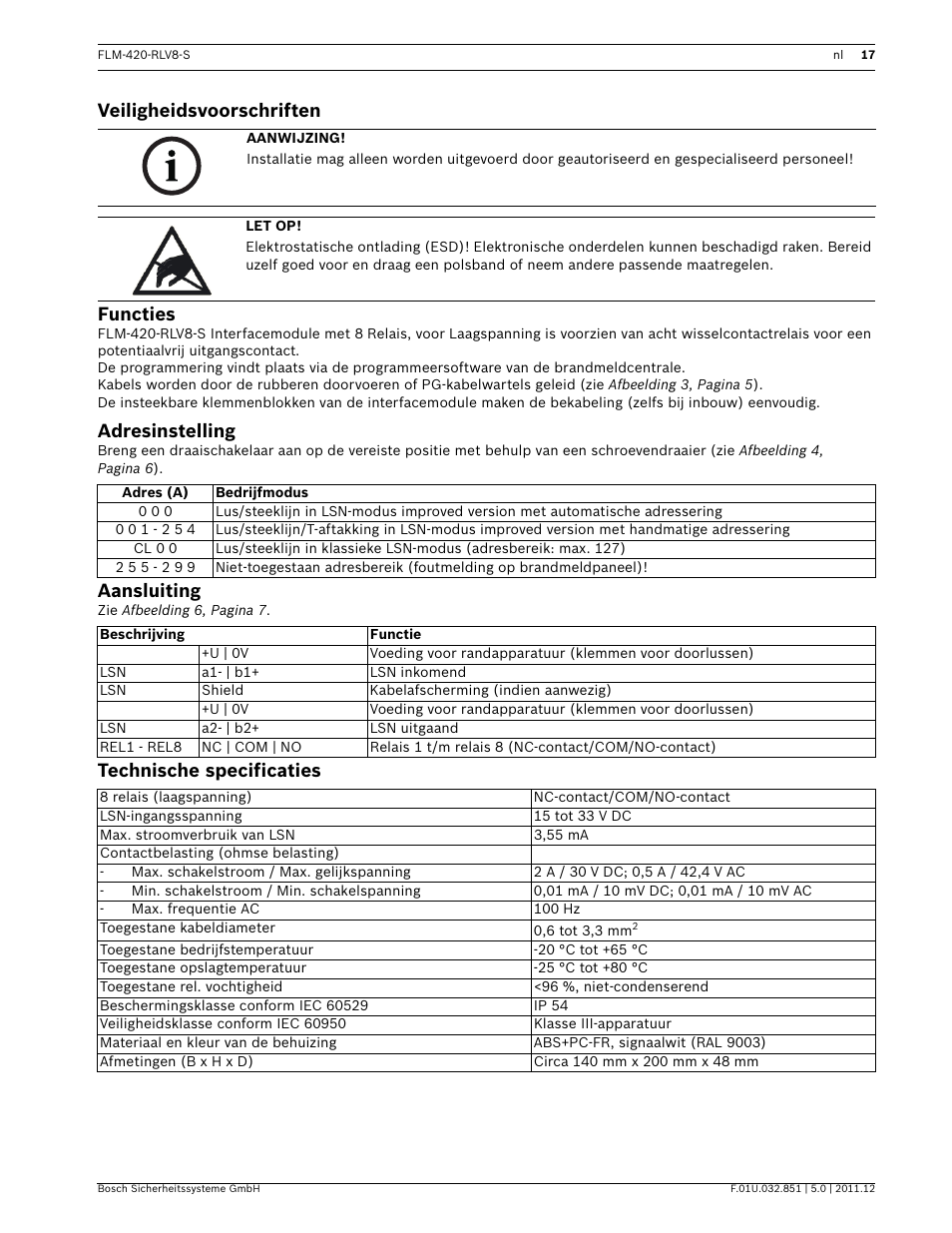 Veiligheidsvoorschriften, Functies, Adresinstelling | Aansluiting, Technische specificaties, Veiligheidsvoorschriften functies | Bosch FLM-420-RLV8-S Octo-relay Interface Module Low Voltage User Manual | Page 17 / 24
