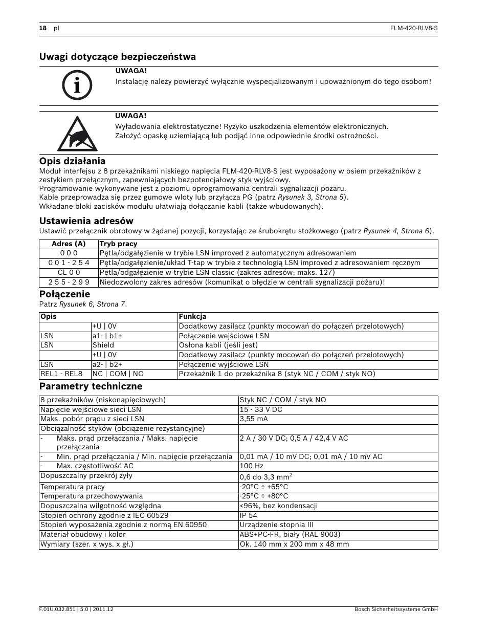 Uwagi dotyczące bezpieczeństwa, Opis działania, Ustawienia adresów | Połączenie, Parametry techniczne, Uwagi dotyczące bezpieczeństwa opis działania | Bosch FLM-420-RLV8-S Octo-relay Interface Module Low Voltage User Manual | Page 18 / 24