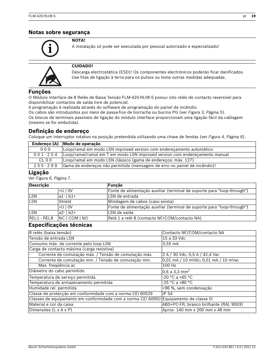 Notas sobre segurança, Funções, Definição de endereço | Ligação, Especificações técnicas, Notas sobre segurança funções | Bosch FLM-420-RLV8-S Octo-relay Interface Module Low Voltage User Manual | Page 19 / 24