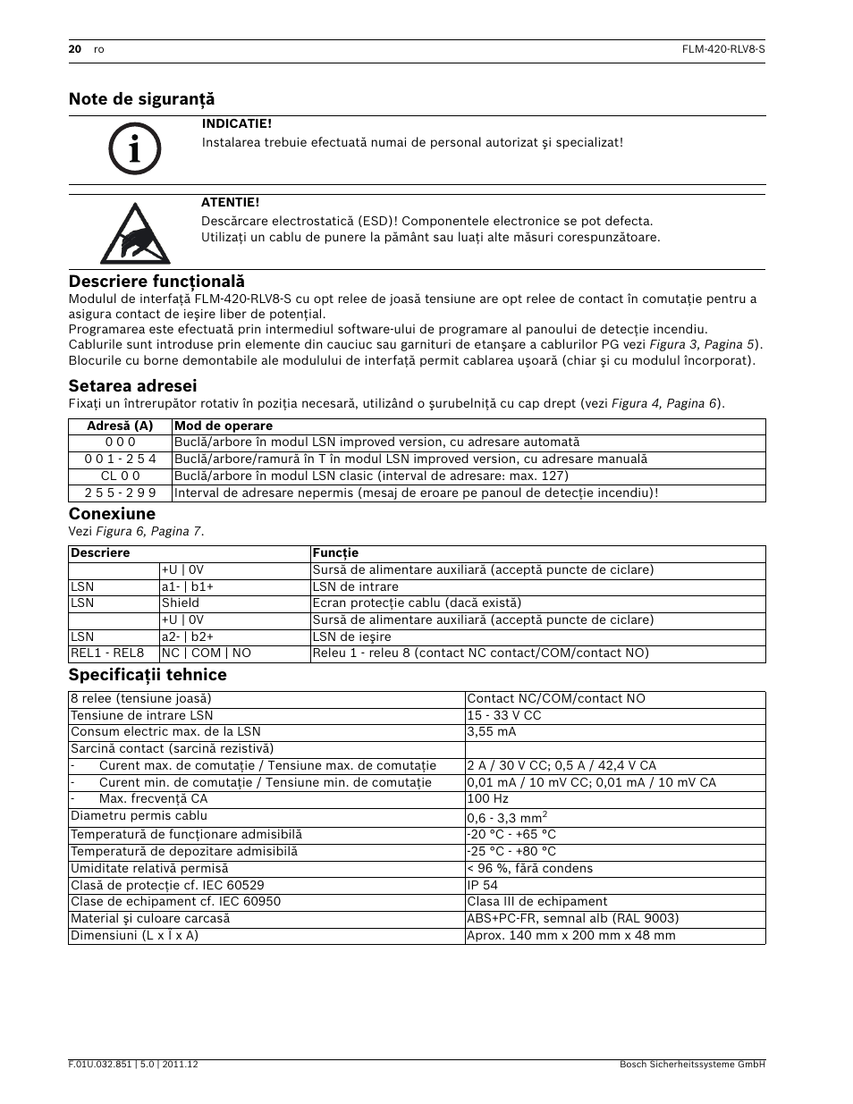 Note de siguranţă, Descriere funcţională, Setarea adresei | Conexiune, Specificaţii tehnice | Bosch FLM-420-RLV8-S Octo-relay Interface Module Low Voltage User Manual | Page 20 / 24