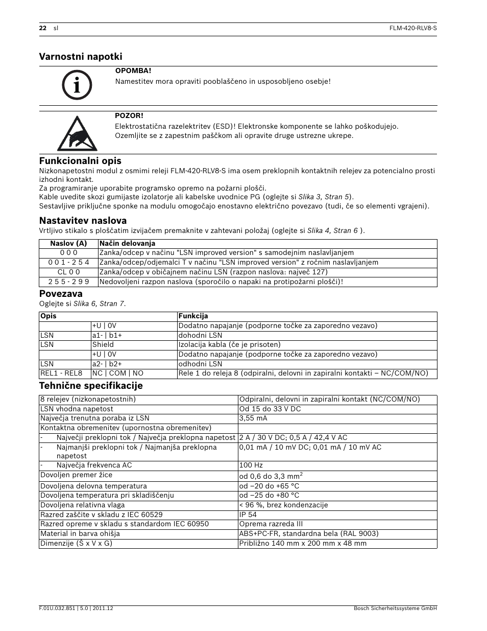 Varnostni napotki, Funkcionalni opis, Nastavitev naslova | Povezava, Tehnične specifikacije, Varnostni napotki funkcionalni opis | Bosch FLM-420-RLV8-S Octo-relay Interface Module Low Voltage User Manual | Page 22 / 24