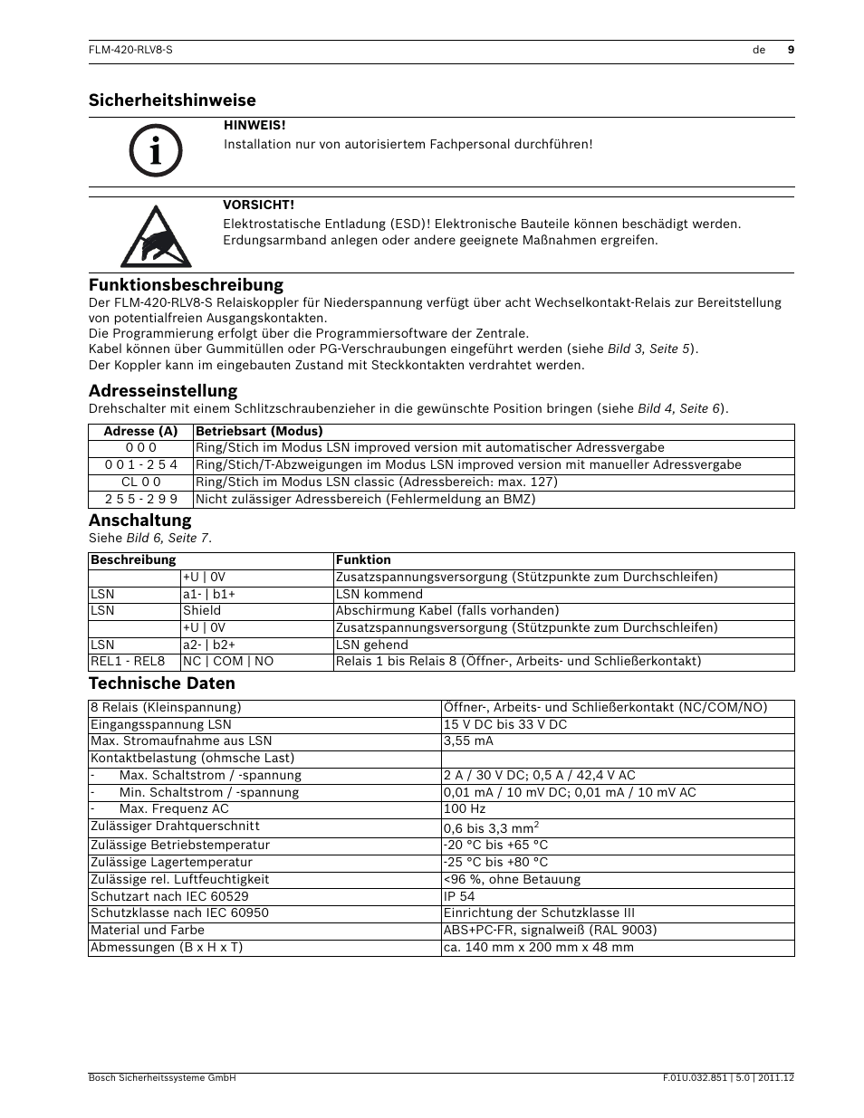 Sicherheitshinweise, Funktionsbeschreibung, Adresseinstellung | Anschaltung, Technische daten, Onsanleitung, Sicherheitshinweise funktionsbeschreibung | Bosch FLM-420-RLV8-S Octo-relay Interface Module Low Voltage User Manual | Page 9 / 24