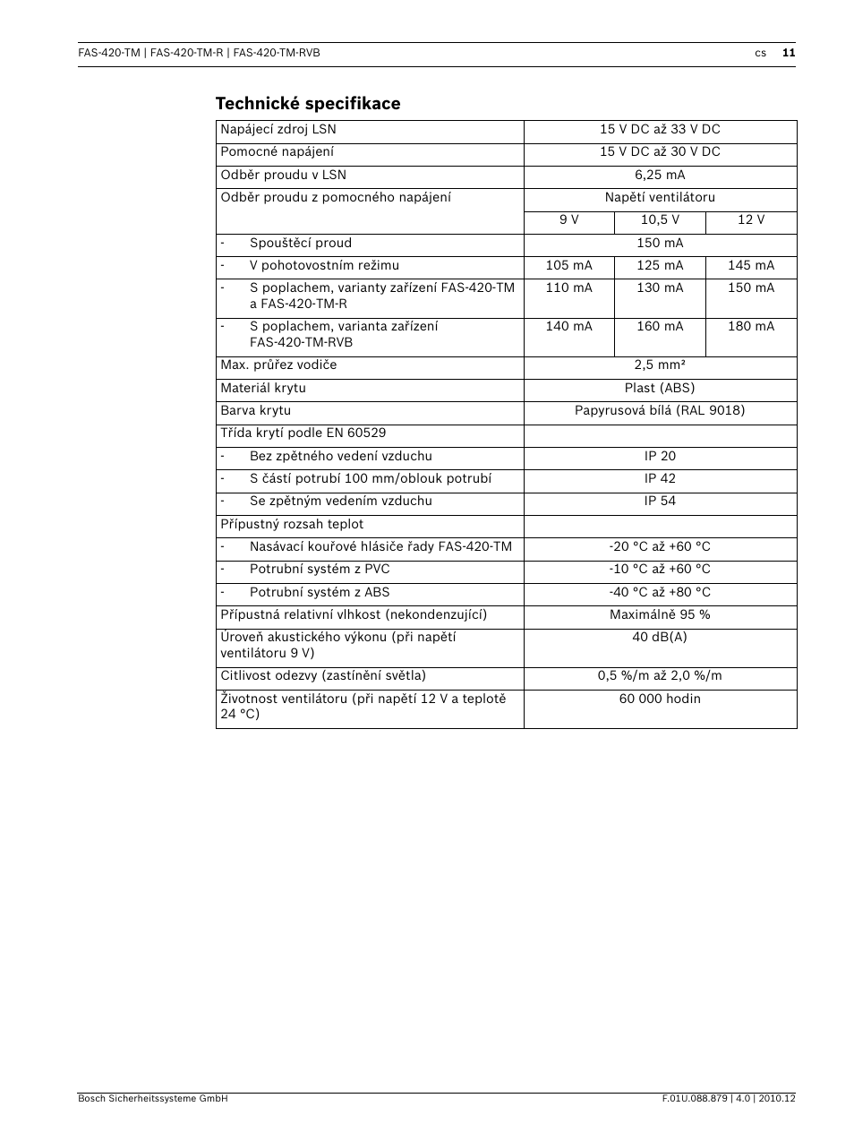 Technické specifikace | Bosch FAS-420-TM Series Aspirating Smoke Detectors LSN improved version User Manual | Page 11 / 96
