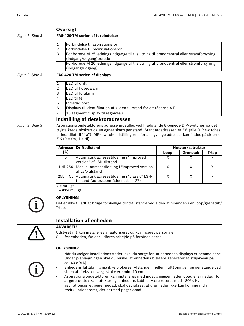 Oversigt, Indstilling af detektoradressen, Installation af enheden | Bosch FAS-420-TM Series Aspirating Smoke Detectors LSN improved version User Manual | Page 12 / 96