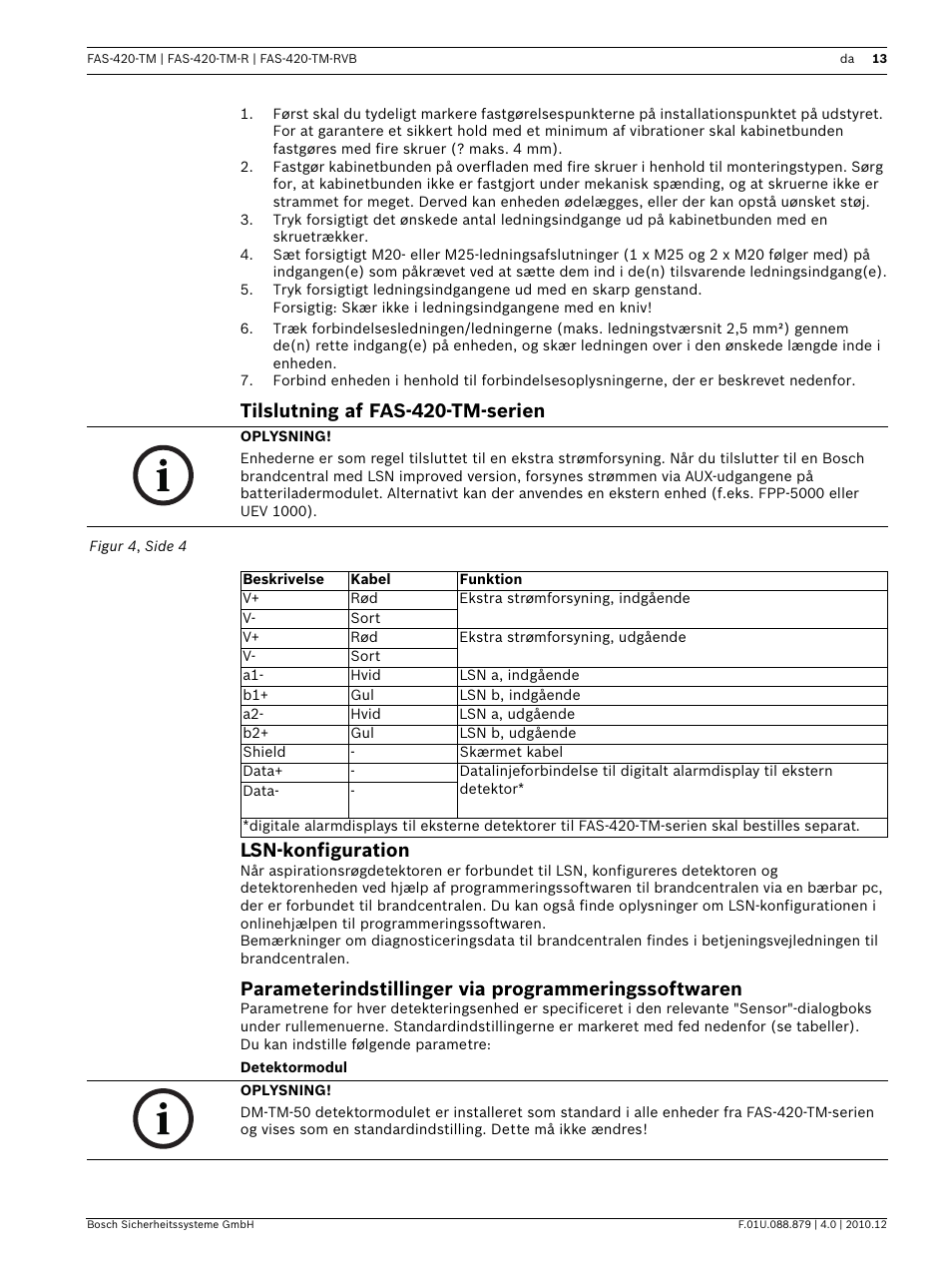 Tilslutning af fas-420-tm-serien, Lsn-konfiguration, Parameterindstillinger via programmeringssoftwaren | Detektormodul, Tilslutning af fas-420-tm-serien lsn-konfiguration | Bosch FAS-420-TM Series Aspirating Smoke Detectors LSN improved version User Manual | Page 13 / 96