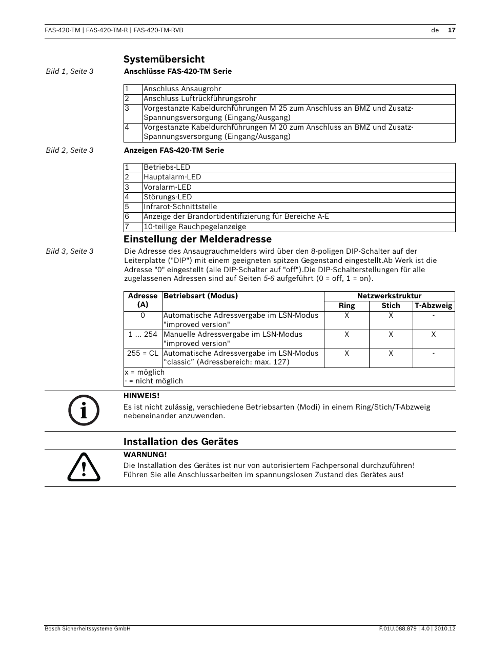 Systemübersicht, Einstellung der melderadresse, Installation des gerätes | Bosch FAS-420-TM Series Aspirating Smoke Detectors LSN improved version User Manual | Page 17 / 96