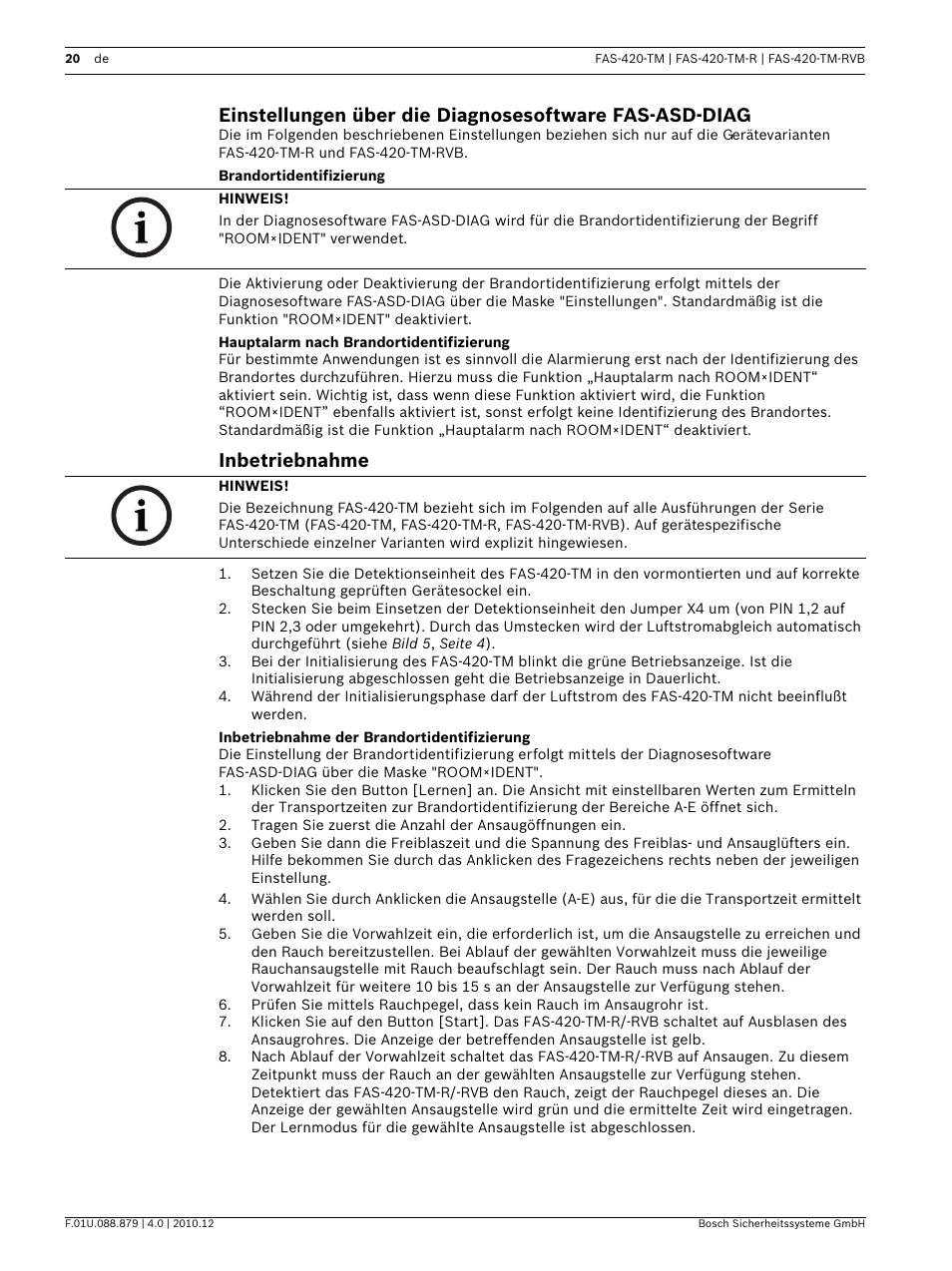 Brandortidentifizierung, Hauptalarm nach brandortidentifizierung, Inbetriebnahme | Inbetriebnahme der brandortidentifizierung | Bosch FAS-420-TM Series Aspirating Smoke Detectors LSN improved version User Manual | Page 20 / 96