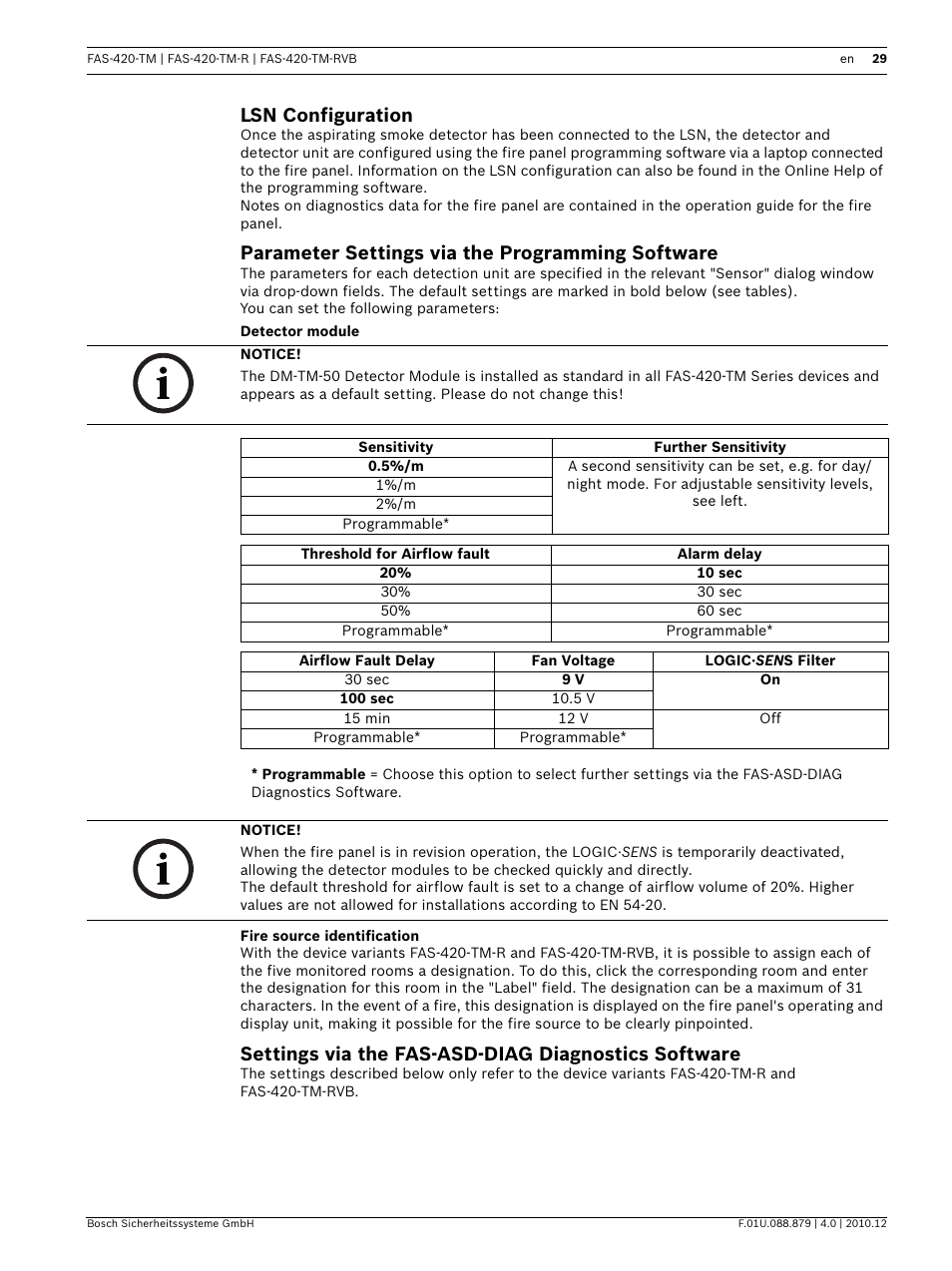 Lsn configuration, Parameter settings via the programming software, Detector module | Fire source identification, Settings via the fas-asd-diag diagnostics software | Bosch FAS-420-TM Series Aspirating Smoke Detectors LSN improved version User Manual | Page 29 / 96