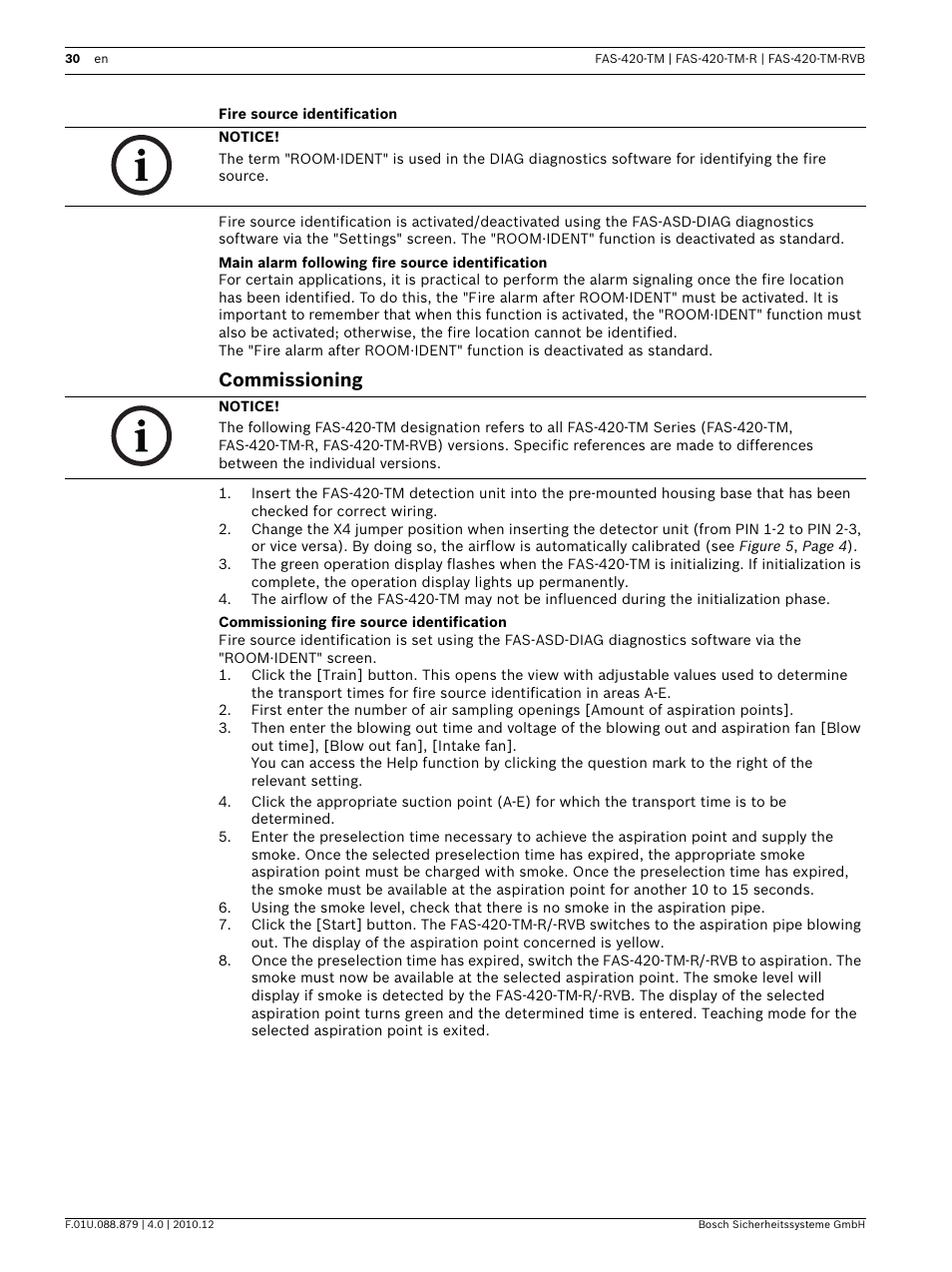 Fire source identification, Main alarm following fire source identification, Commissioning | Commissioning fire source identification | Bosch FAS-420-TM Series Aspirating Smoke Detectors LSN improved version User Manual | Page 30 / 96