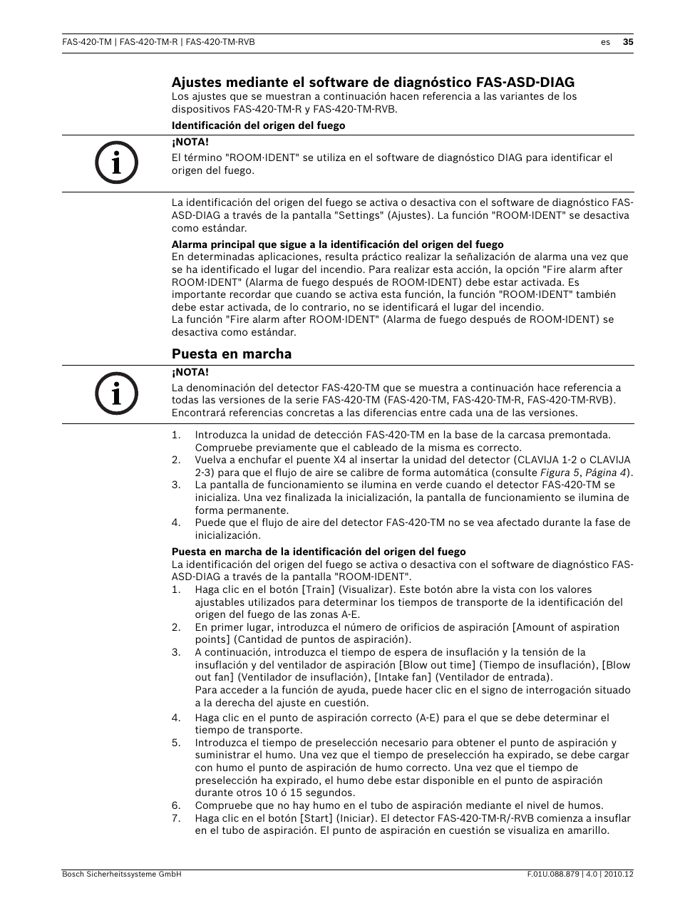 Identificación del origen del fuego, Puesta en marcha | Bosch FAS-420-TM Series Aspirating Smoke Detectors LSN improved version User Manual | Page 35 / 96