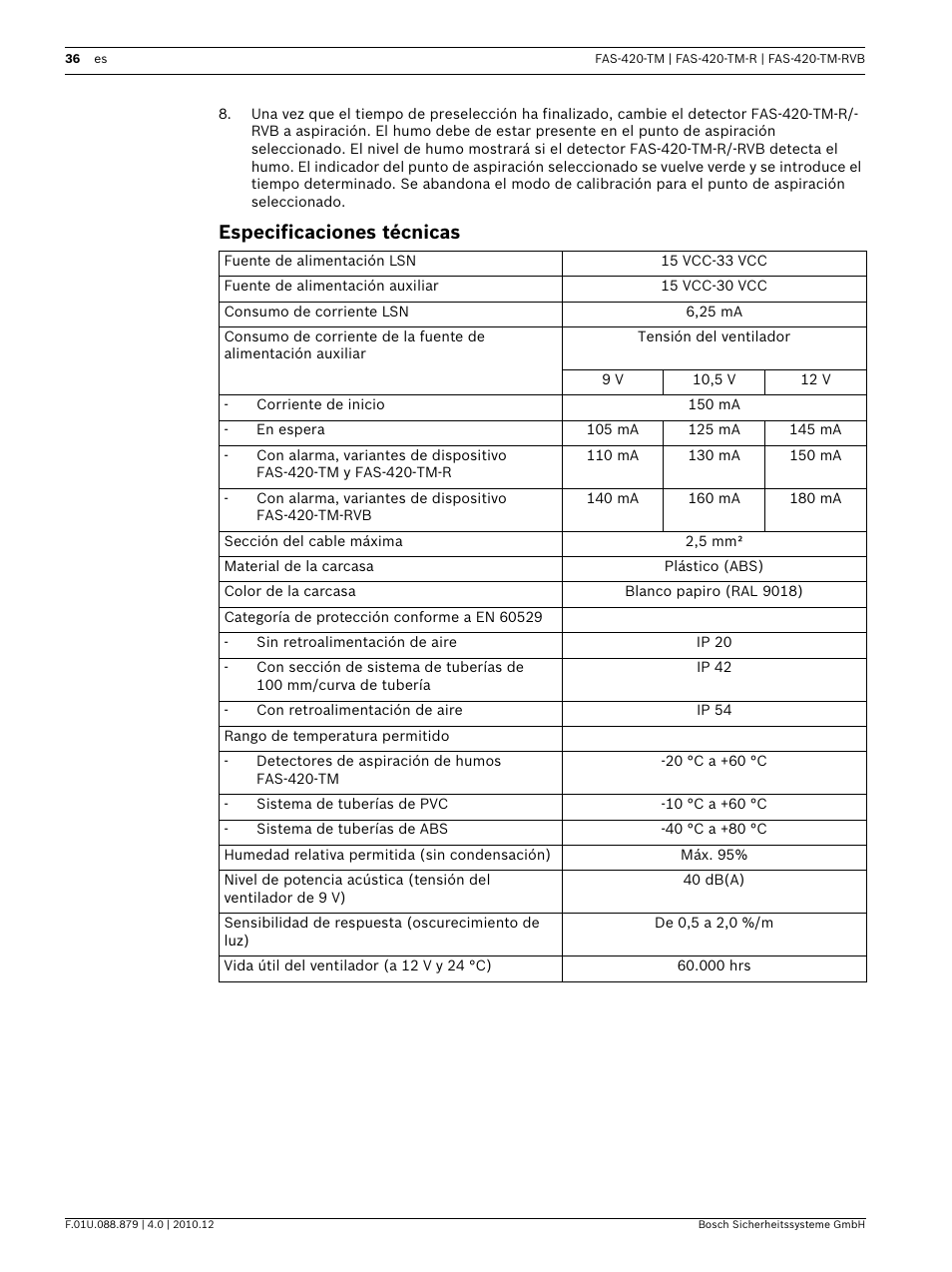 Especificaciones técnicas | Bosch FAS-420-TM Series Aspirating Smoke Detectors LSN improved version User Manual | Page 36 / 96