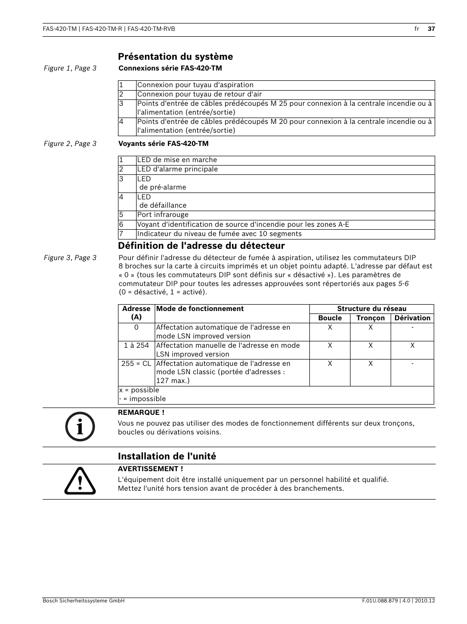 Présentation du système, Définition de l'adresse du détecteur, Installation de l'unité | Bosch FAS-420-TM Series Aspirating Smoke Detectors LSN improved version User Manual | Page 37 / 96