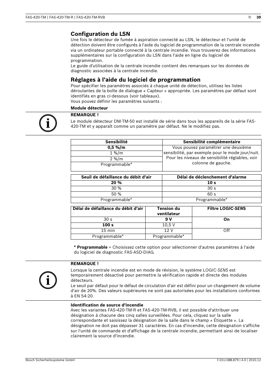 Configuration du lsn, Réglages à l'aide du logiciel de programmation, Module détecteur | Identification de source d'incendie | Bosch FAS-420-TM Series Aspirating Smoke Detectors LSN improved version User Manual | Page 39 / 96