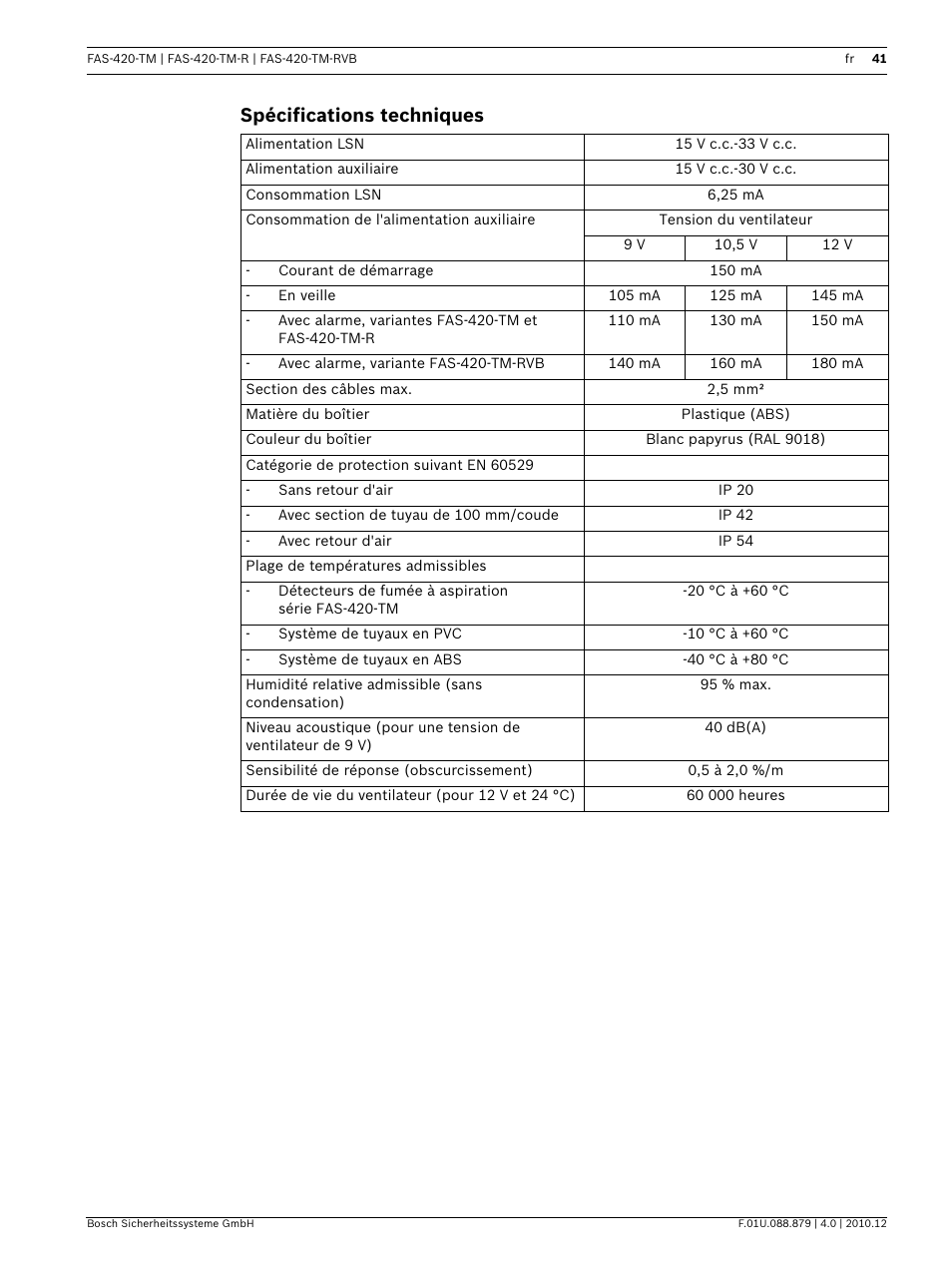 Spécifications techniques | Bosch FAS-420-TM Series Aspirating Smoke Detectors LSN improved version User Manual | Page 41 / 96