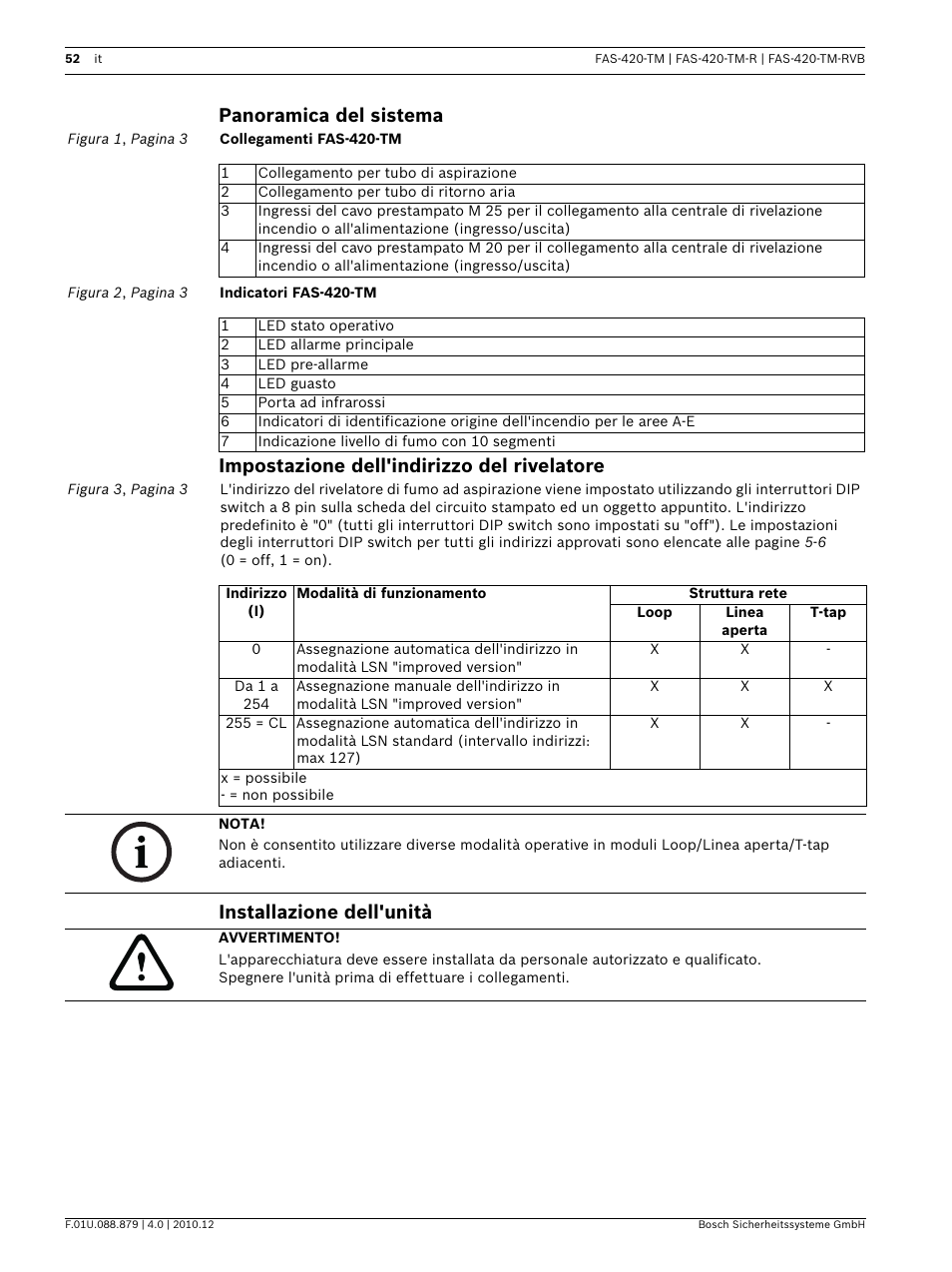 Panoramica del sistema, Impostazione dell'indirizzo del rivelatore, Installazione dell'unità | Bosch FAS-420-TM Series Aspirating Smoke Detectors LSN improved version User Manual | Page 52 / 96