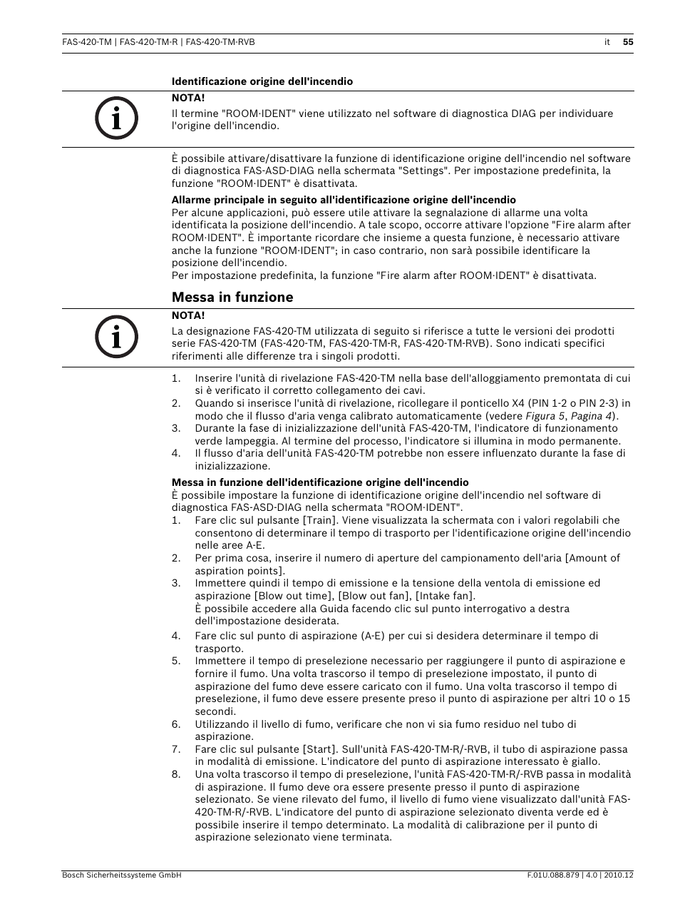 Identificazione origine dell'incendio, Messa in funzione | Bosch FAS-420-TM Series Aspirating Smoke Detectors LSN improved version User Manual | Page 55 / 96