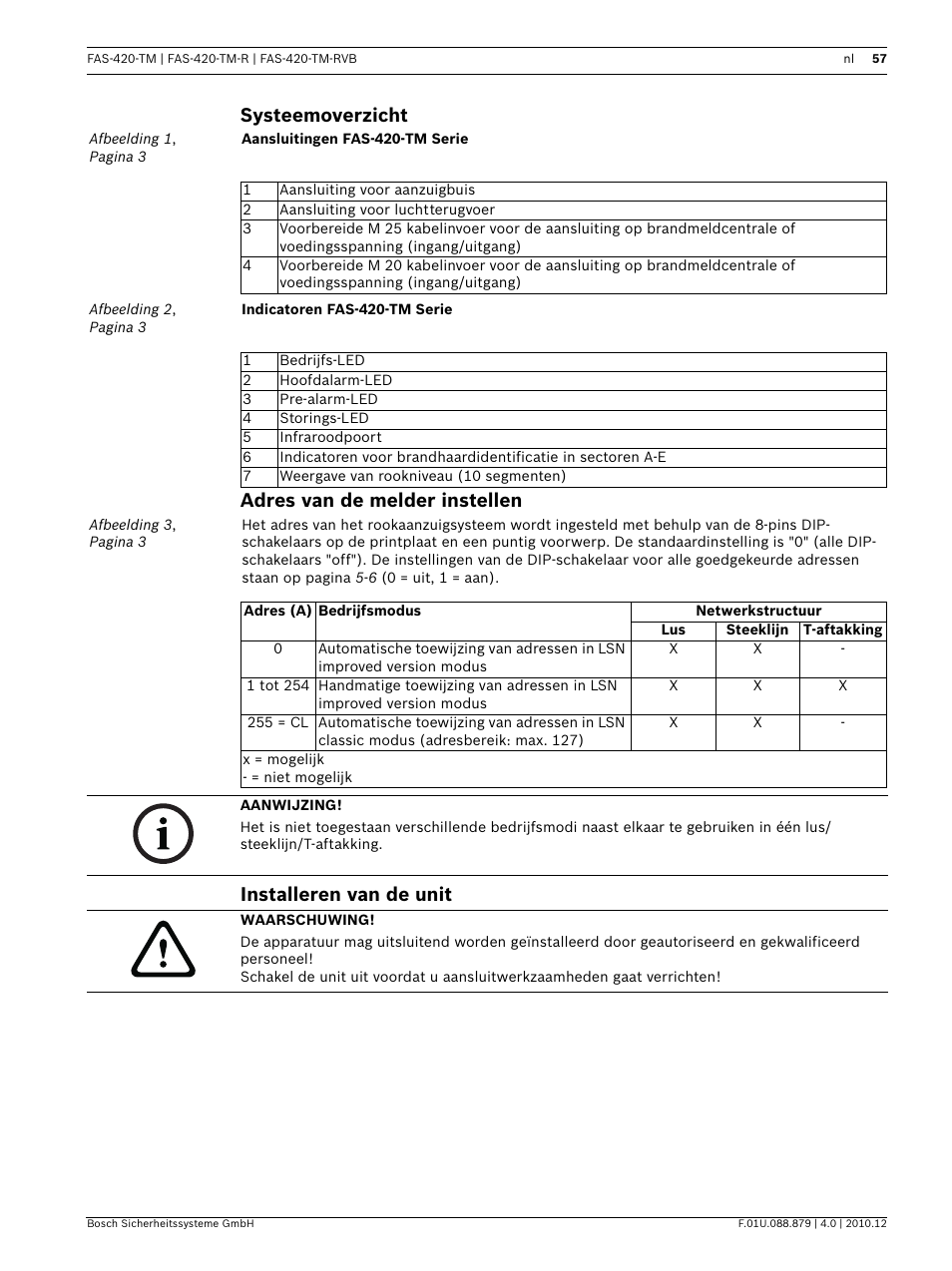 Systeemoverzicht, Adres van de melder instellen, Installeren van de unit | Bosch FAS-420-TM Series Aspirating Smoke Detectors LSN improved version User Manual | Page 57 / 96