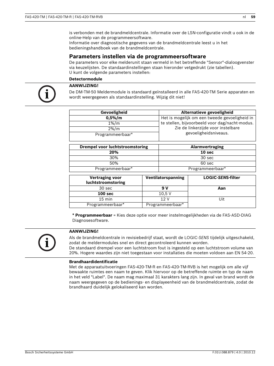 Parameters instellen via de programmeersoftware, Detectormodule, Brandhaardidentificatie | Bosch FAS-420-TM Series Aspirating Smoke Detectors LSN improved version User Manual | Page 59 / 96