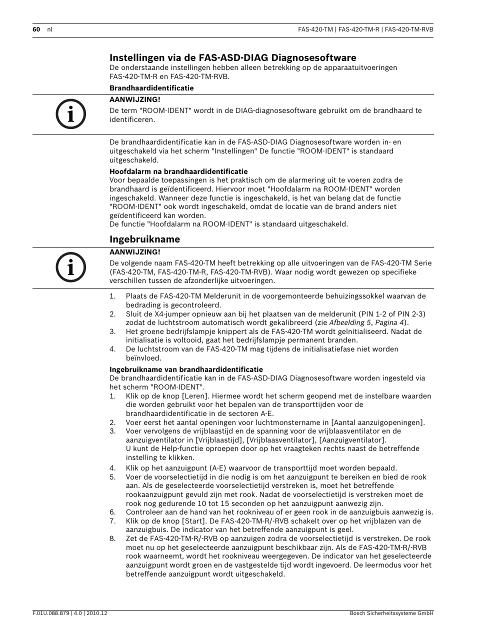 Instellingen via de fas-asd-diag diagnosesoftware, Brandhaardidentificatie, Hoofdalarm na brandhaardidentificatie | Ingebruikname, Ingebruikname van brandhaardidentificatie | Bosch FAS-420-TM Series Aspirating Smoke Detectors LSN improved version User Manual | Page 60 / 96