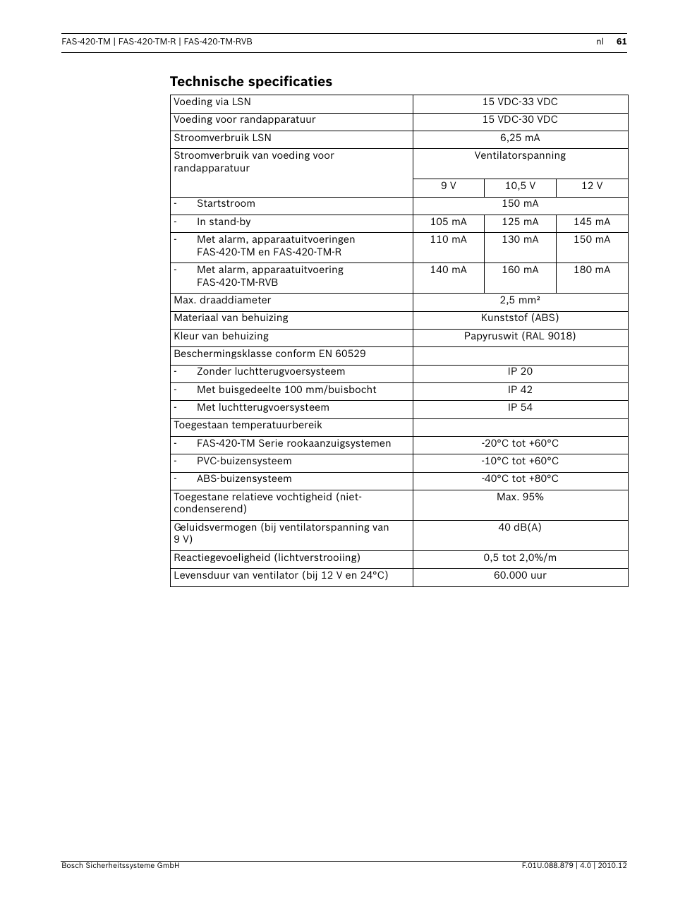 Technische specificaties | Bosch FAS-420-TM Series Aspirating Smoke Detectors LSN improved version User Manual | Page 61 / 96