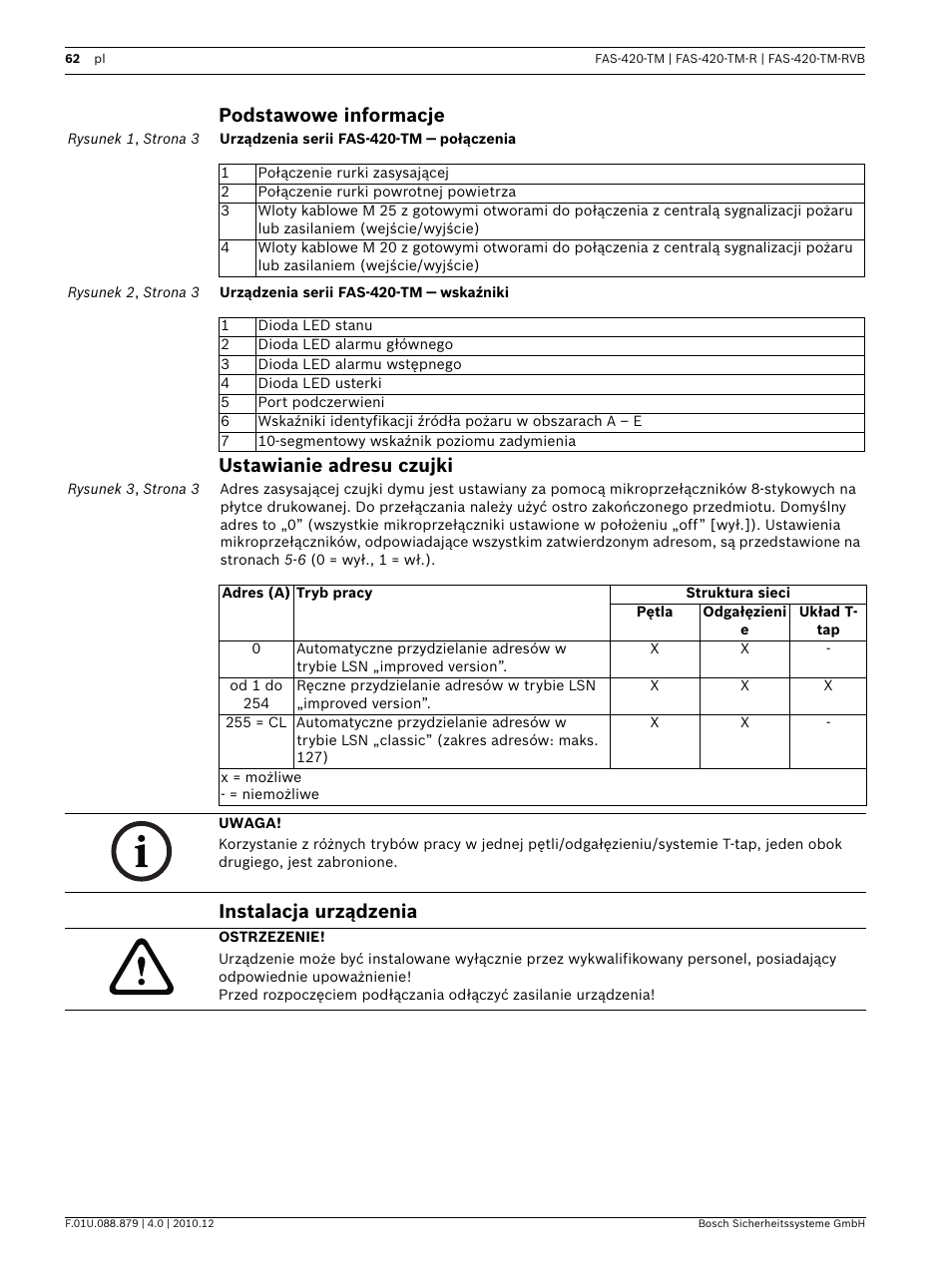 Podstawowe informacje, Ustawianie adresu czujki, Instalacja urządzenia | Bosch FAS-420-TM Series Aspirating Smoke Detectors LSN improved version User Manual | Page 62 / 96